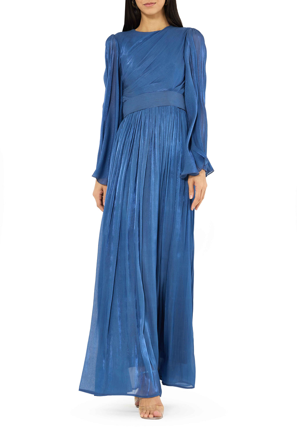 Beautiful Silk Flared Long Dress With Round Neckline And Flared Long Sleeves