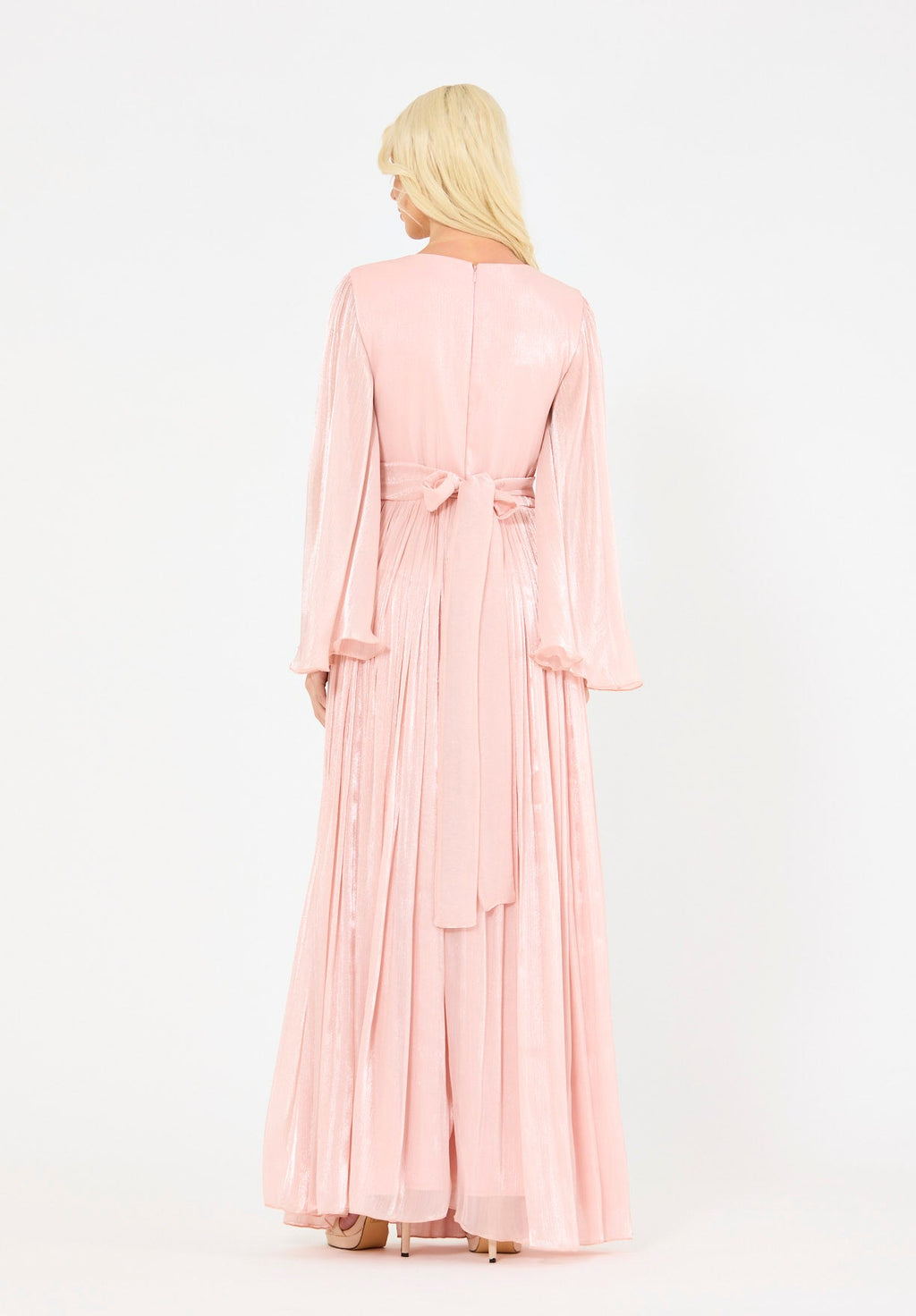 Beautiful Silk Flared Long Dress With Round Neckline And Flared Long Sleeves
