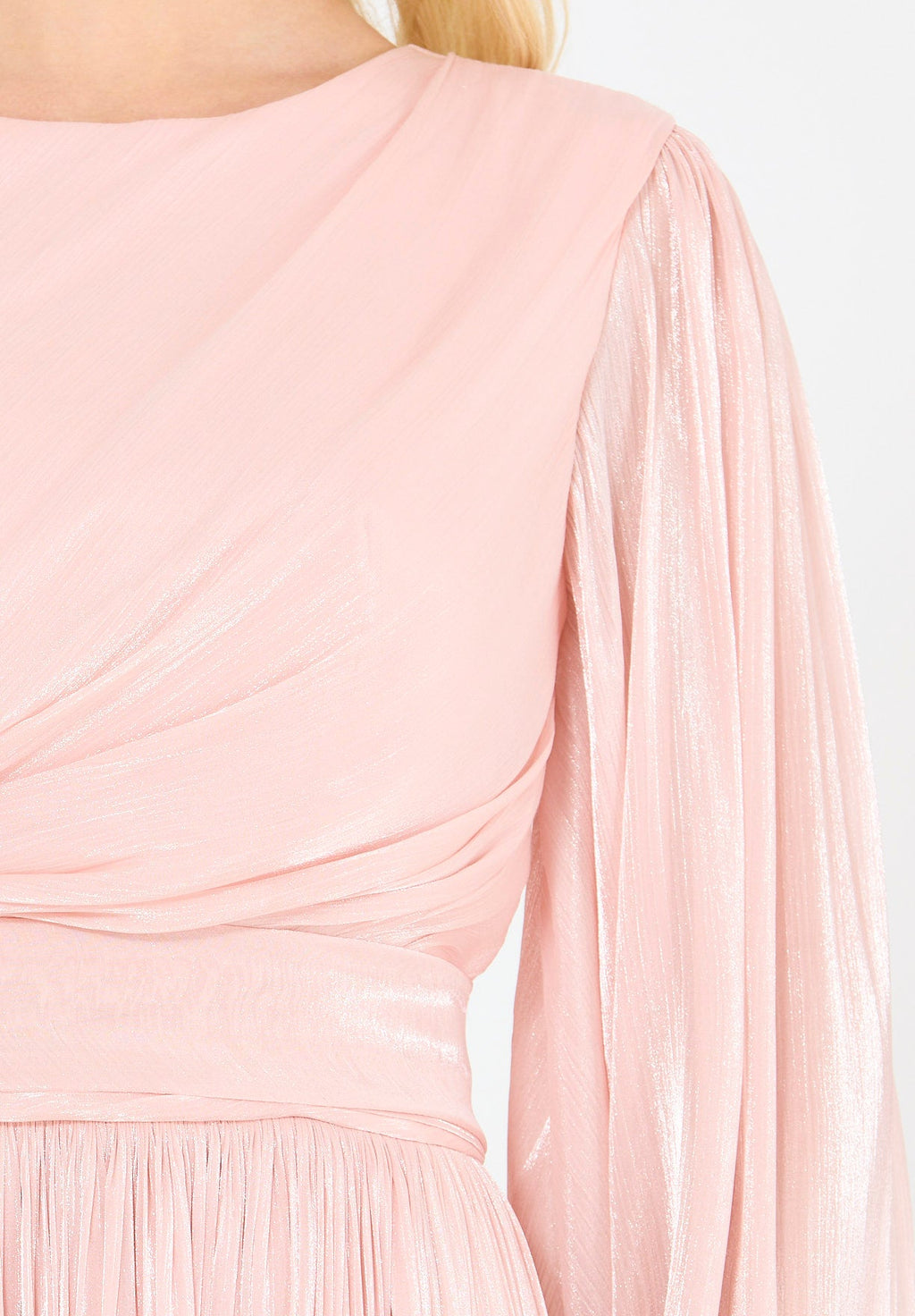 Beautiful Silk Flared Long Dress With Round Neckline And Flared Long Sleeves