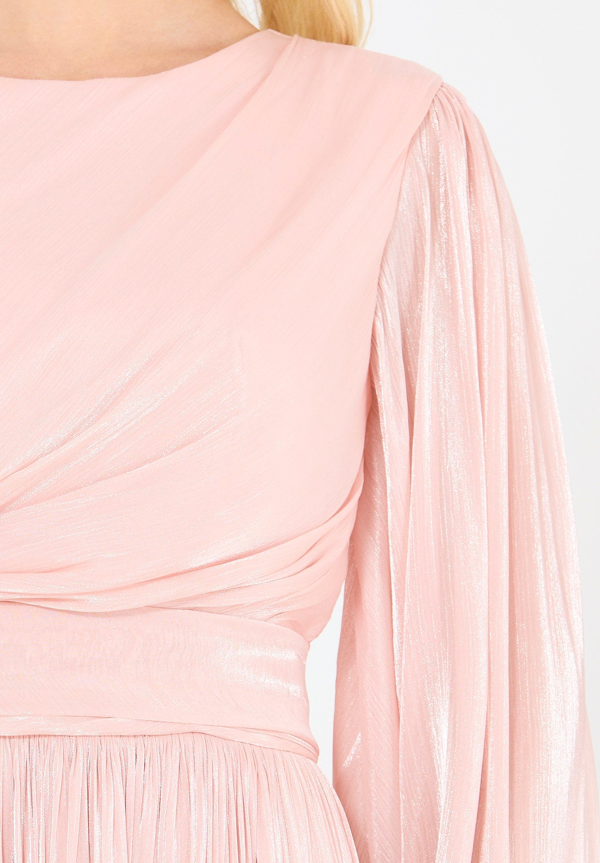 Beautiful Silk Flared Long Dress With Round Neckline And Flared Long Sleeves