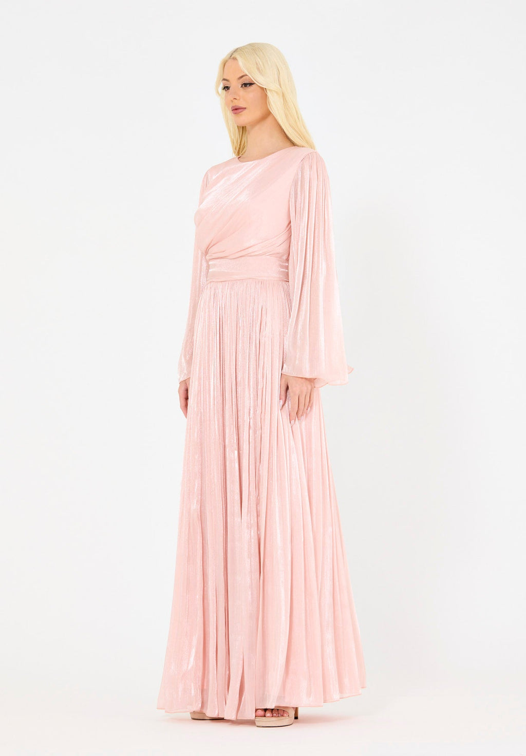Beautiful Silk Flared Long Dress With Round Neckline And Flared Long Sleeves