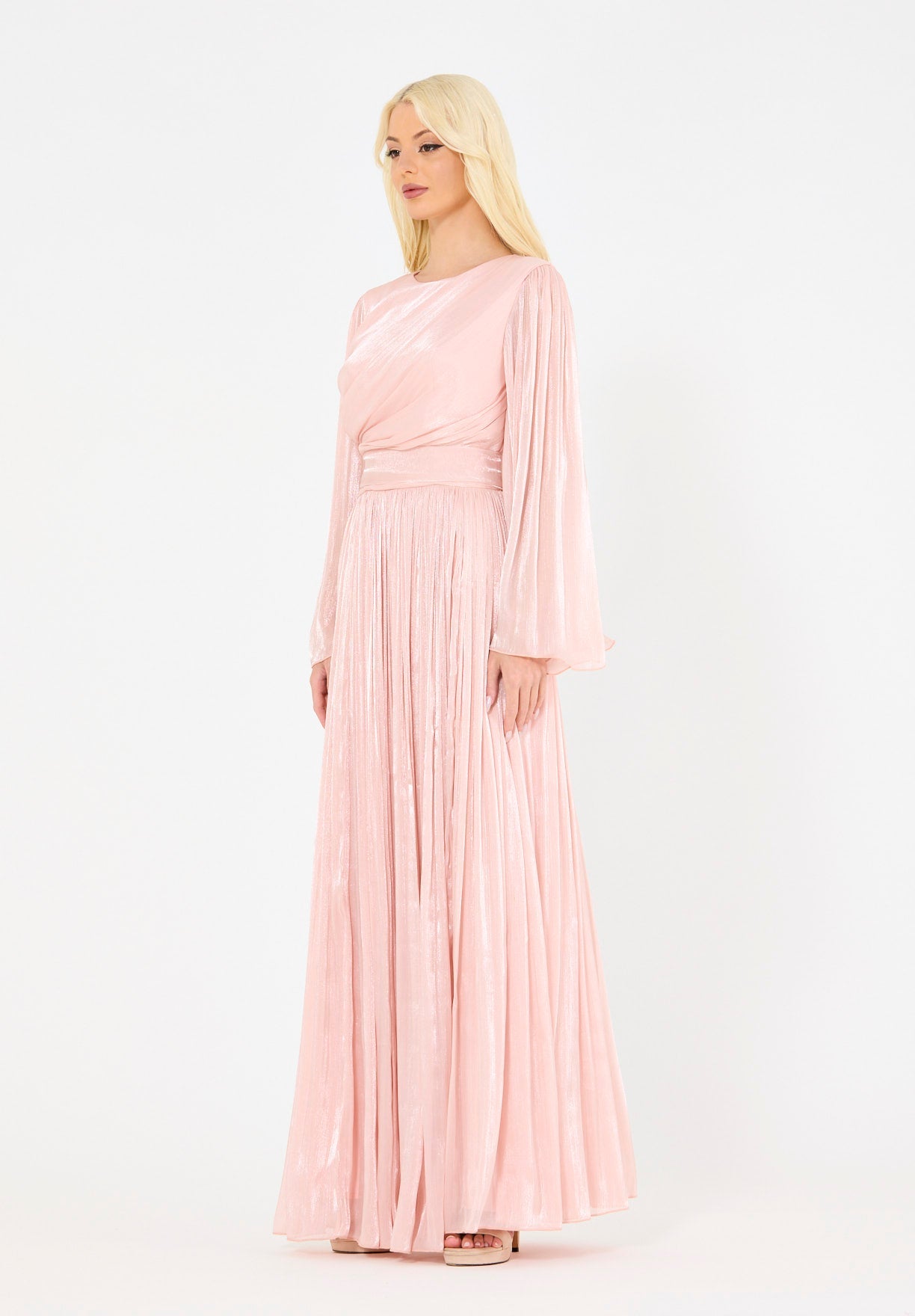Beautiful Silk Flared Long Dress With Round Neckline And Flared Long Sleeves