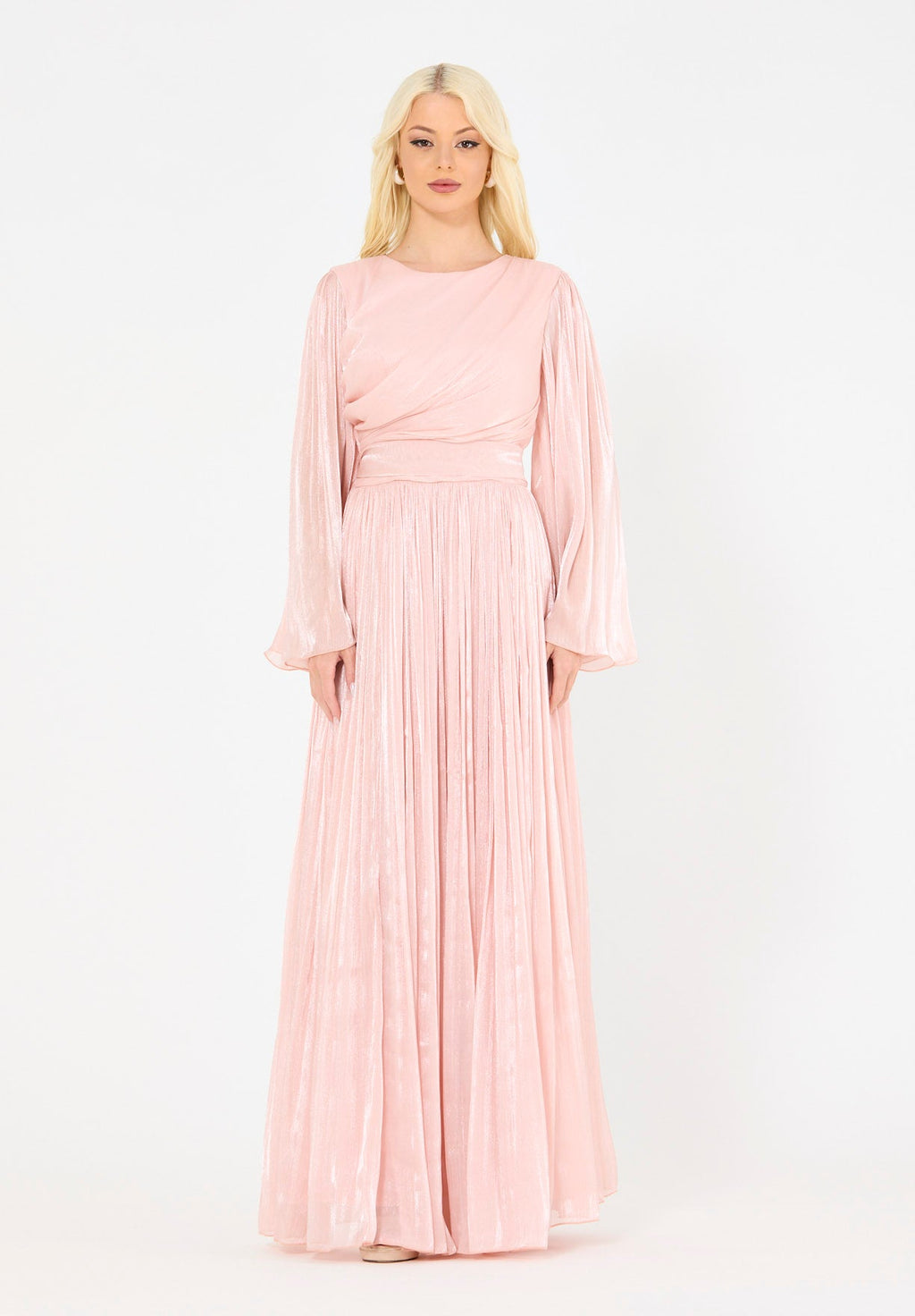 Beautiful Silk Flared Long Dress With Round Neckline And Flared Long Sleeves