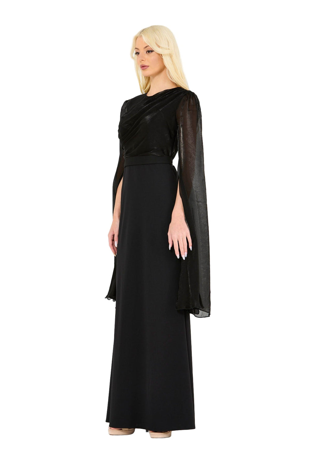 Soft Overlay Draped Cape Sleeves Gown