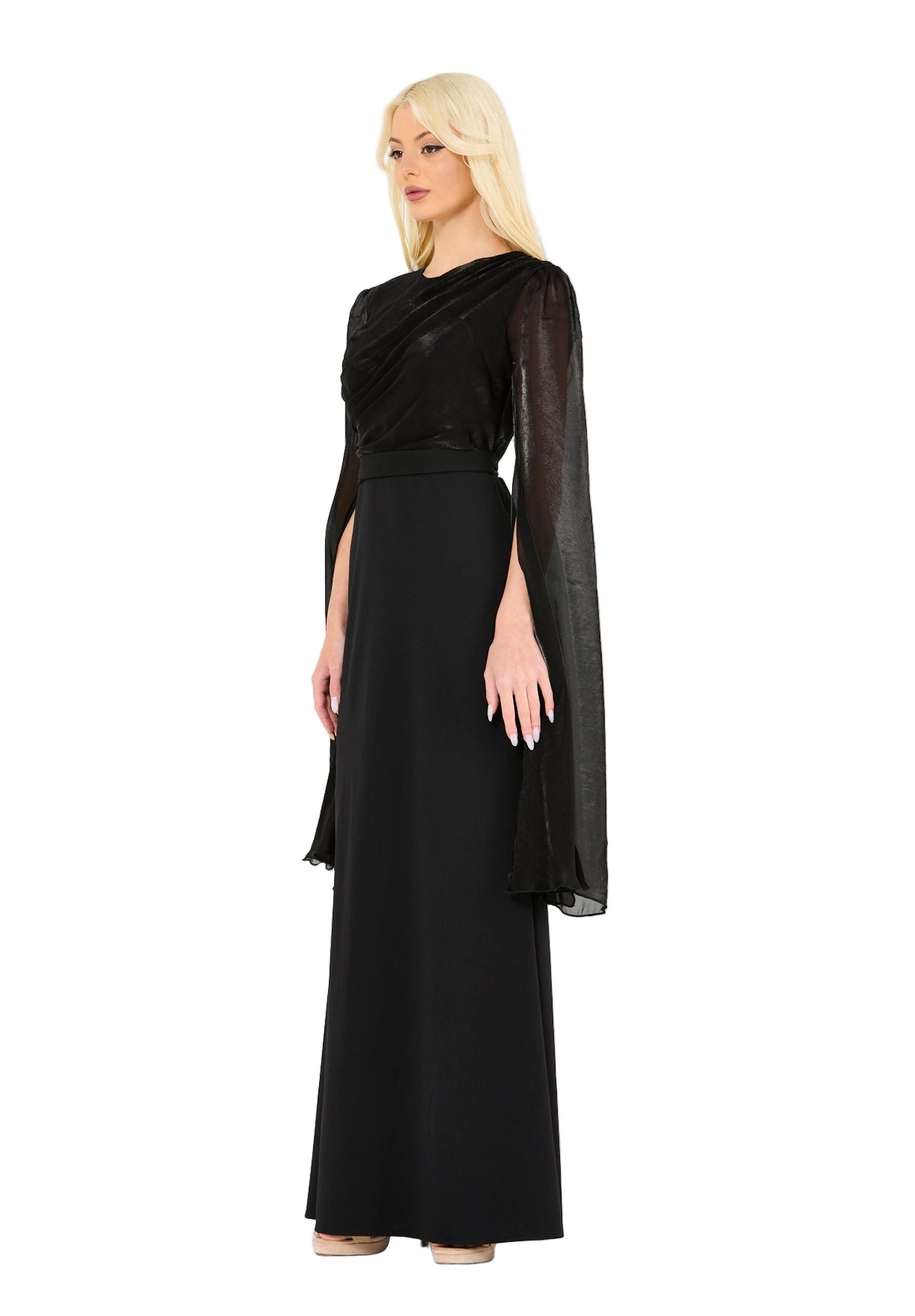 Soft Overlay Draped Cape Sleeves Gown