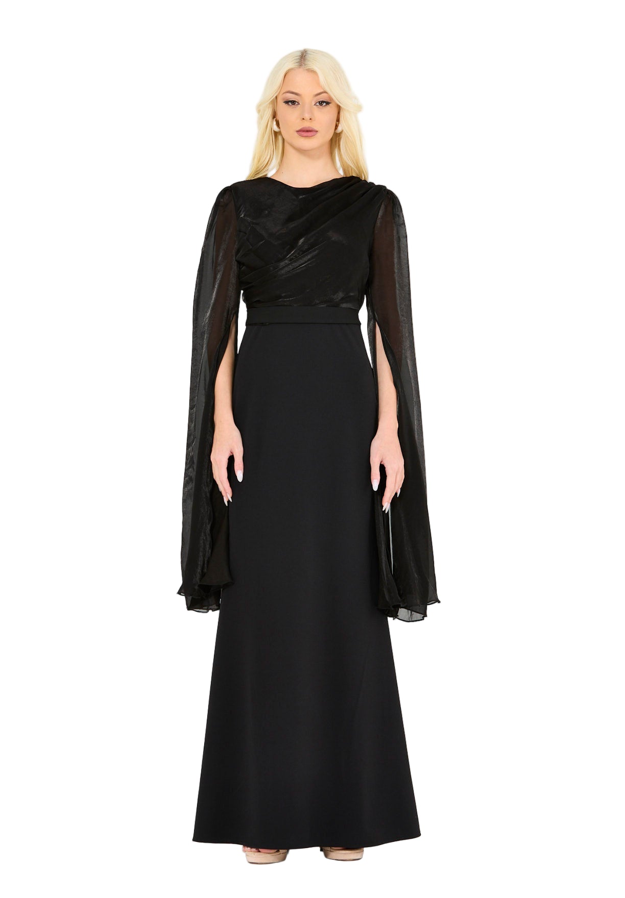 Soft Overlay Draped Cape Sleeves Gown