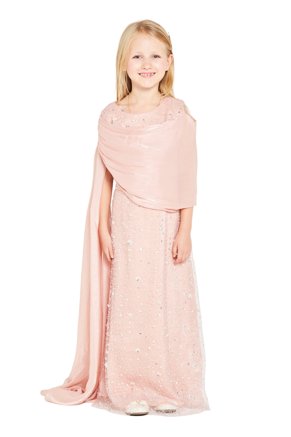 Sequin Gown With Shawl Drape