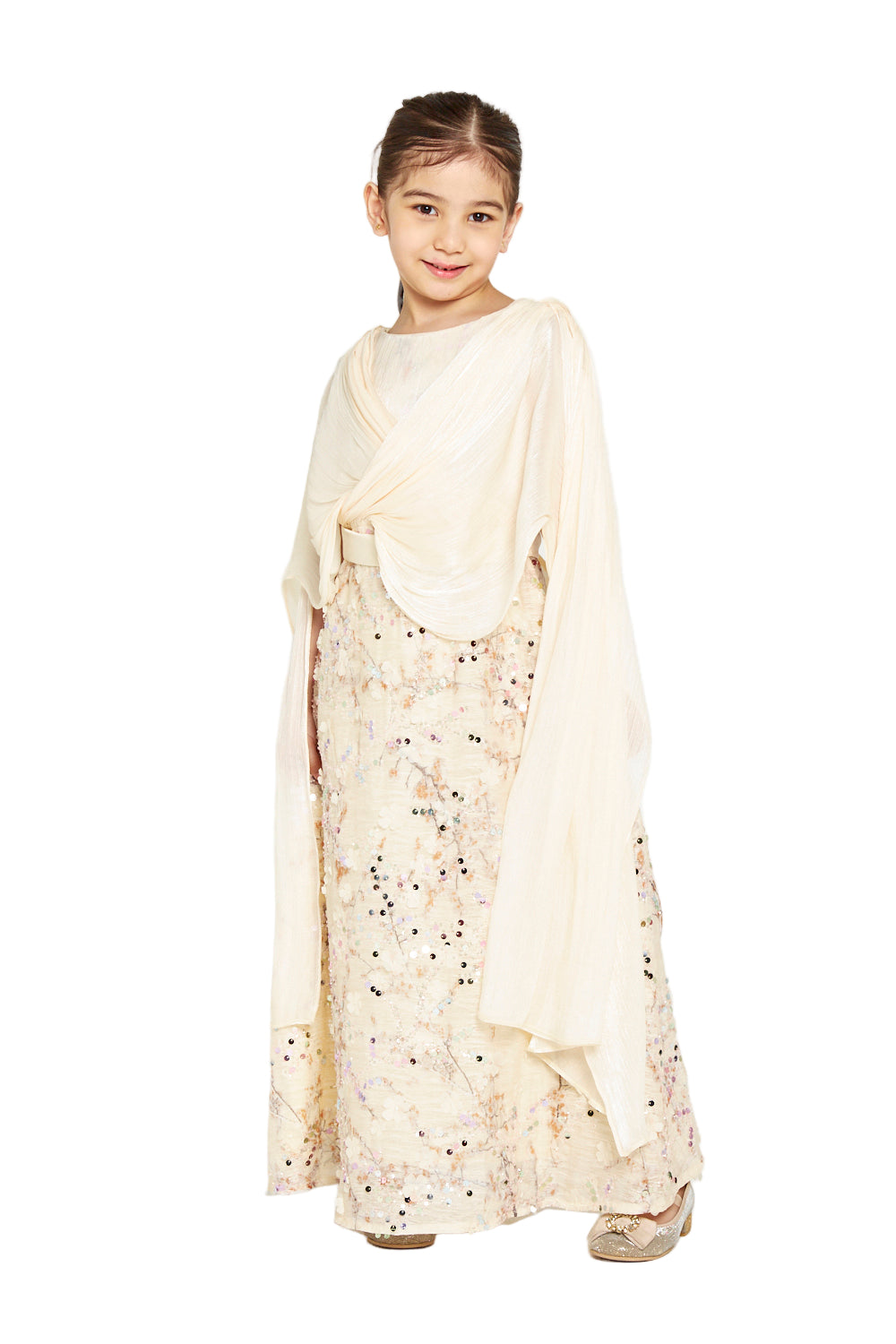 Embellished Gown with Draped Cape