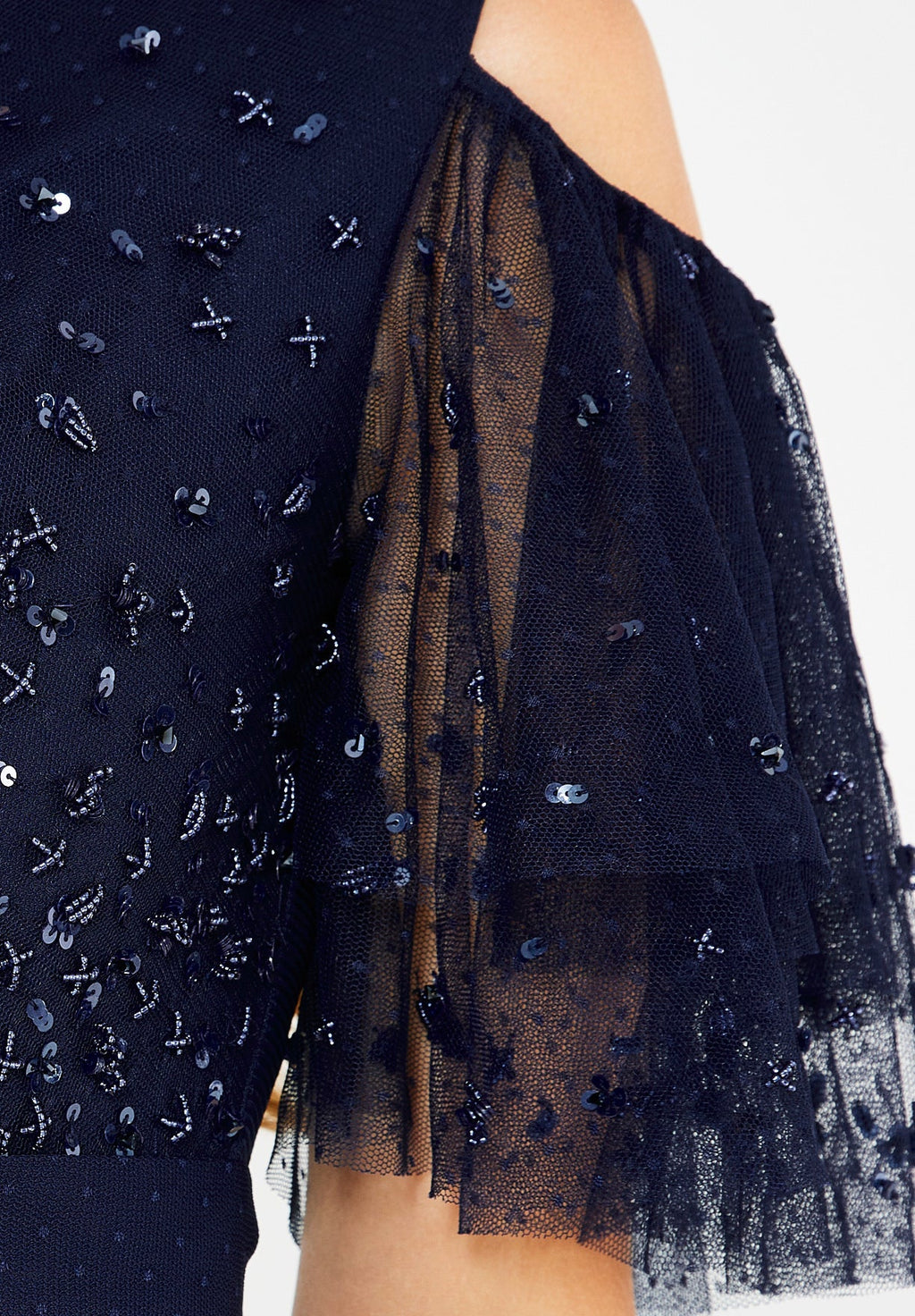 Cold-Shoulder Embroidered Tiered Tulle Gown