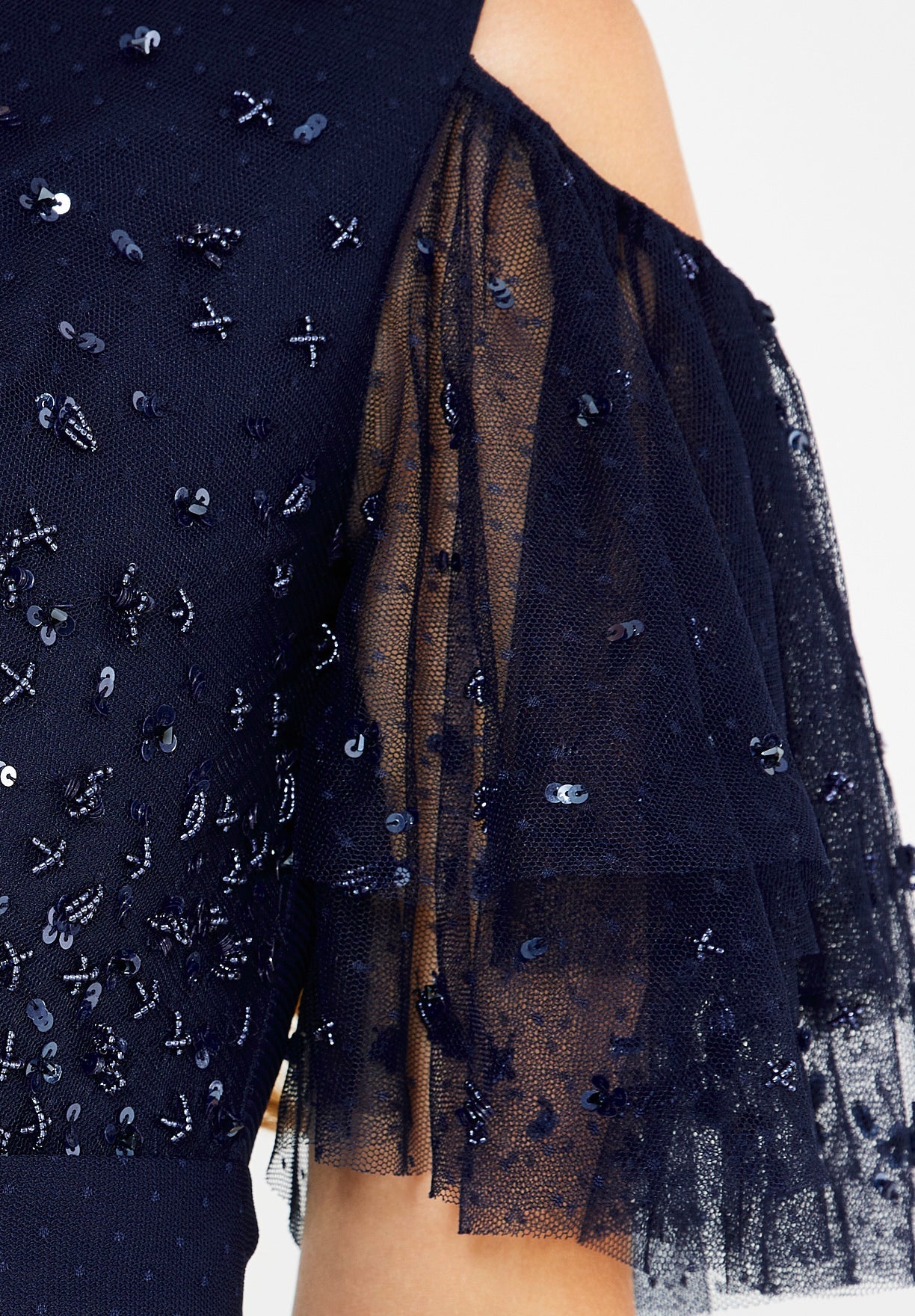 Cold-Shoulder Embroidered Tiered Tulle Gown