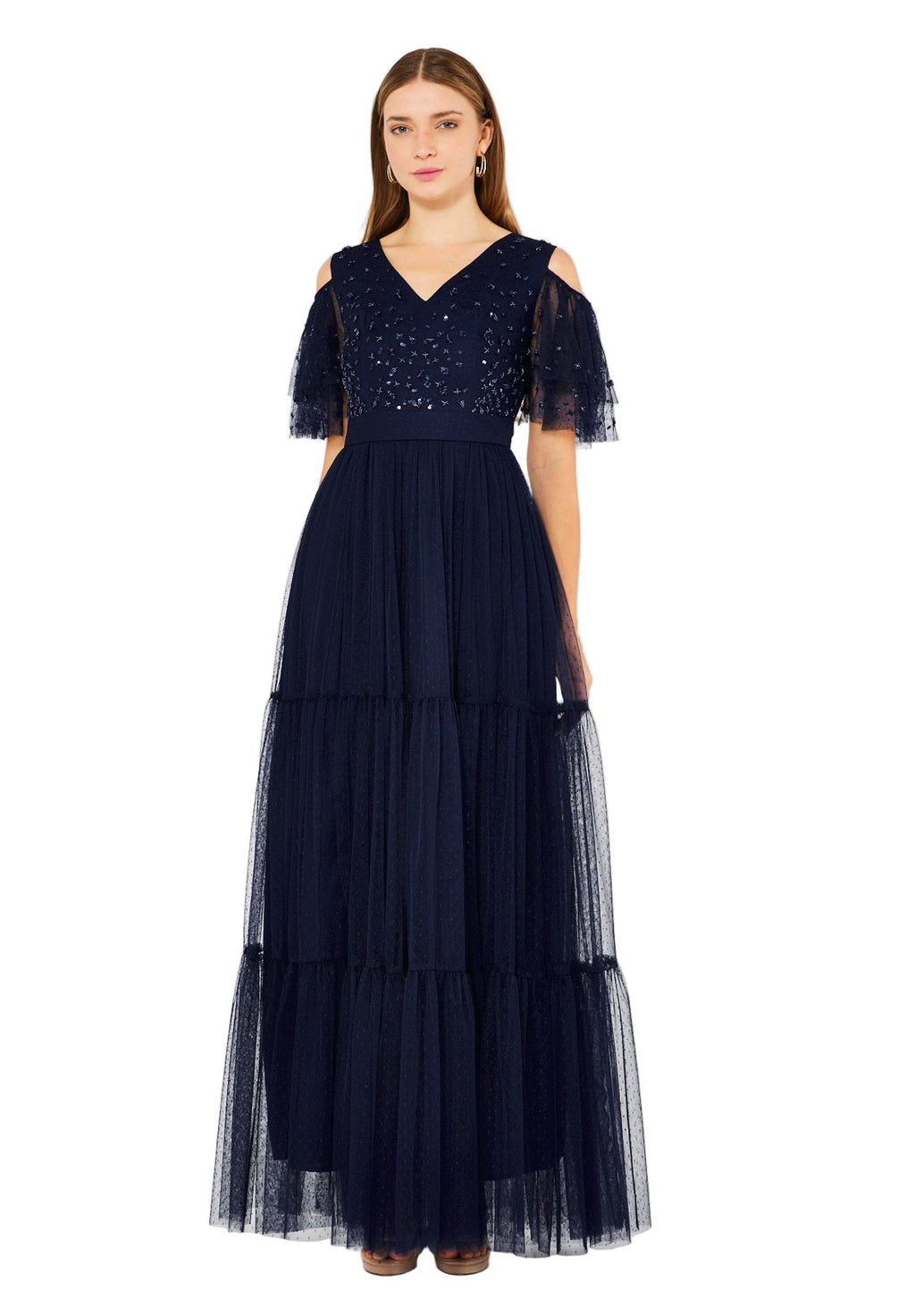 Cold-Shoulder Embroidered Tiered Tulle Gown