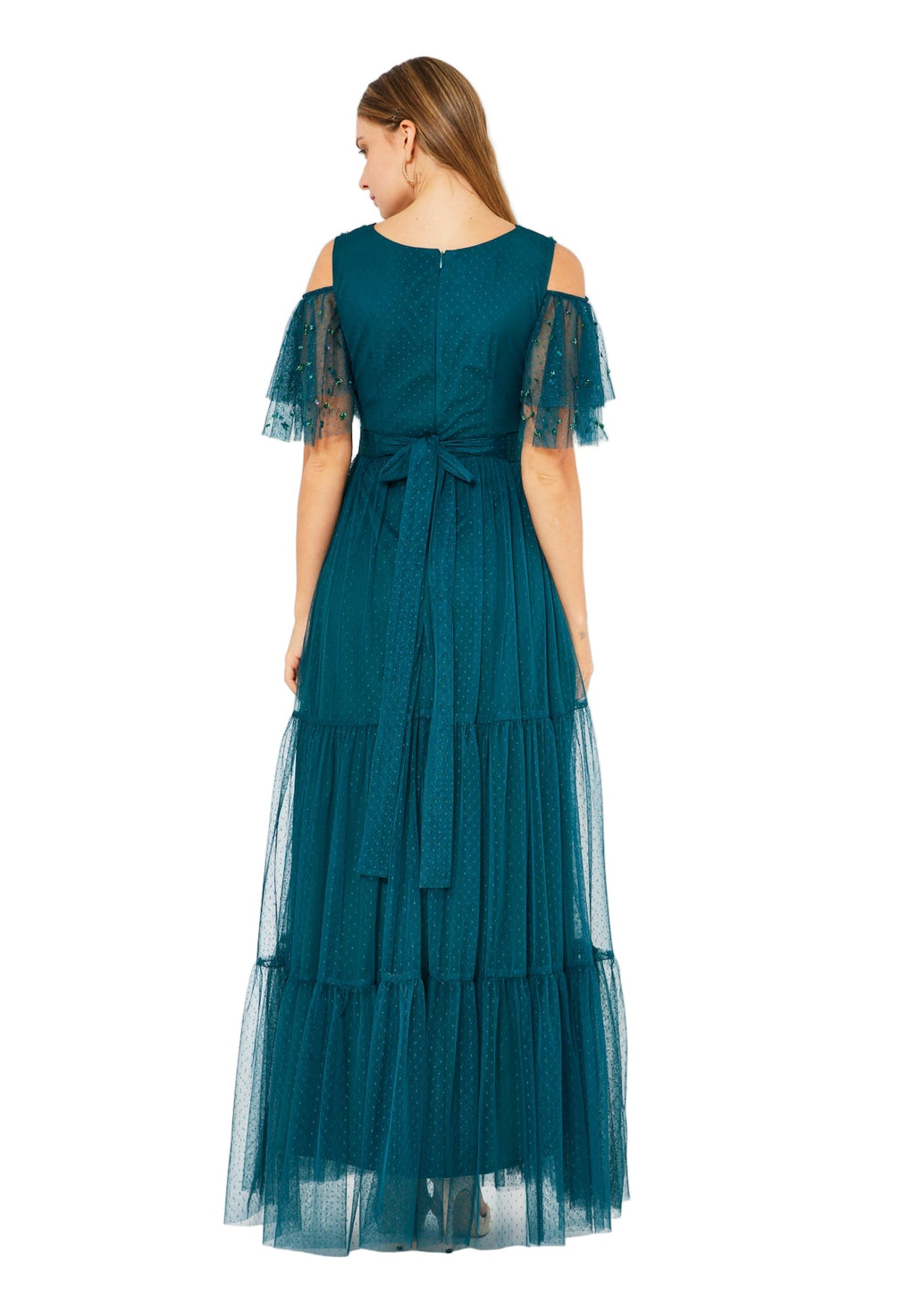 Cold-Shoulder Embroidered Tiered Tulle Gown