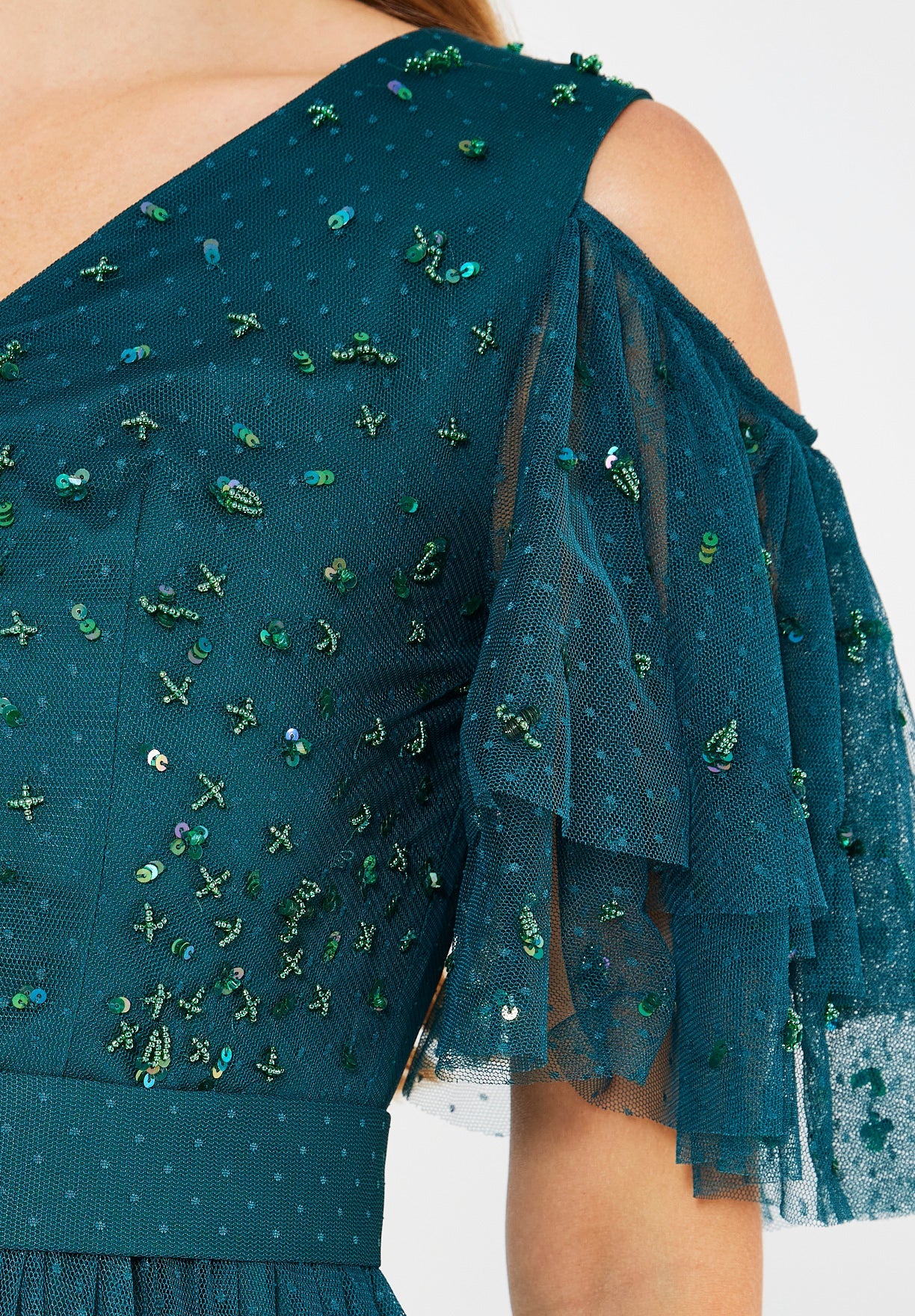 Cold-Shoulder Embroidered Tiered Tulle Gown