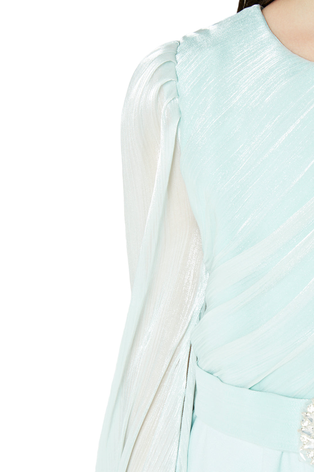 Shimmer-Sleeve Asymmetrical Gown