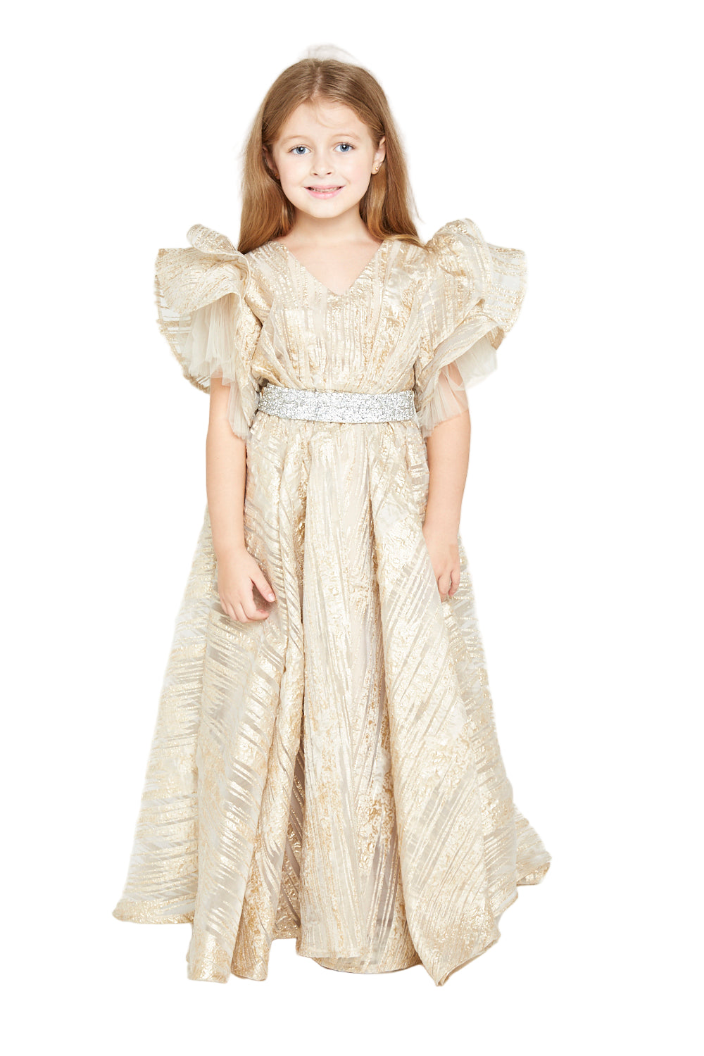 Metallic Jacquard Frill Gown