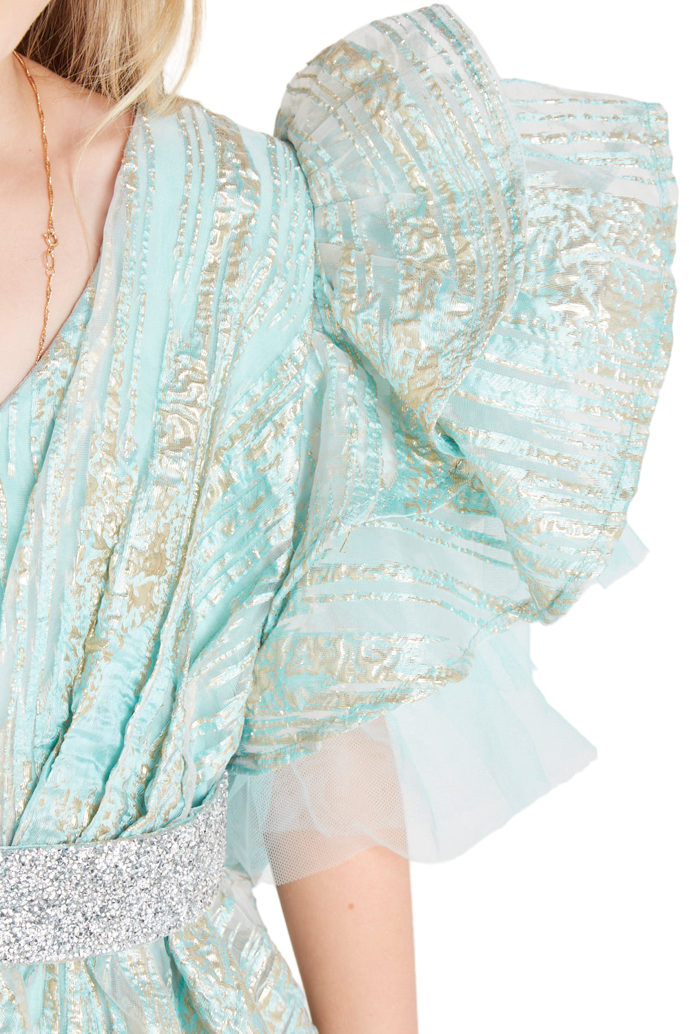 Metallic Jacquard Frill Gown