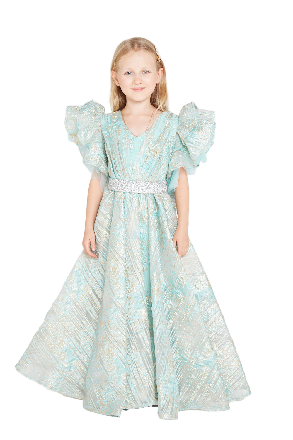 Metallic Jacquard Frill Gown