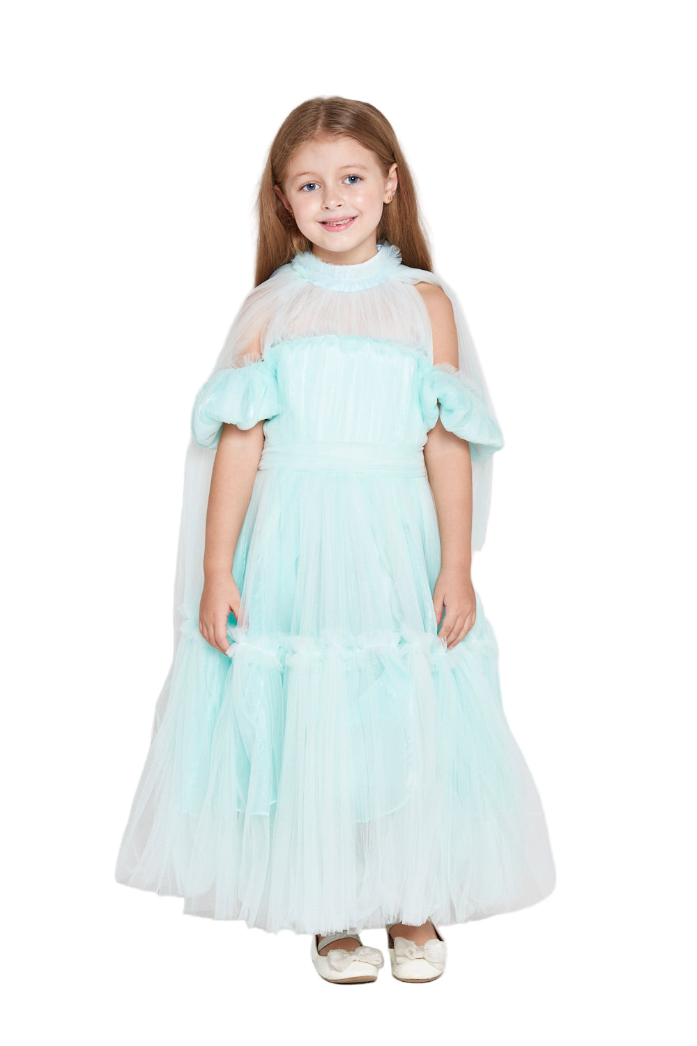 Tulle Ruffle Dress with Puff Sleeves