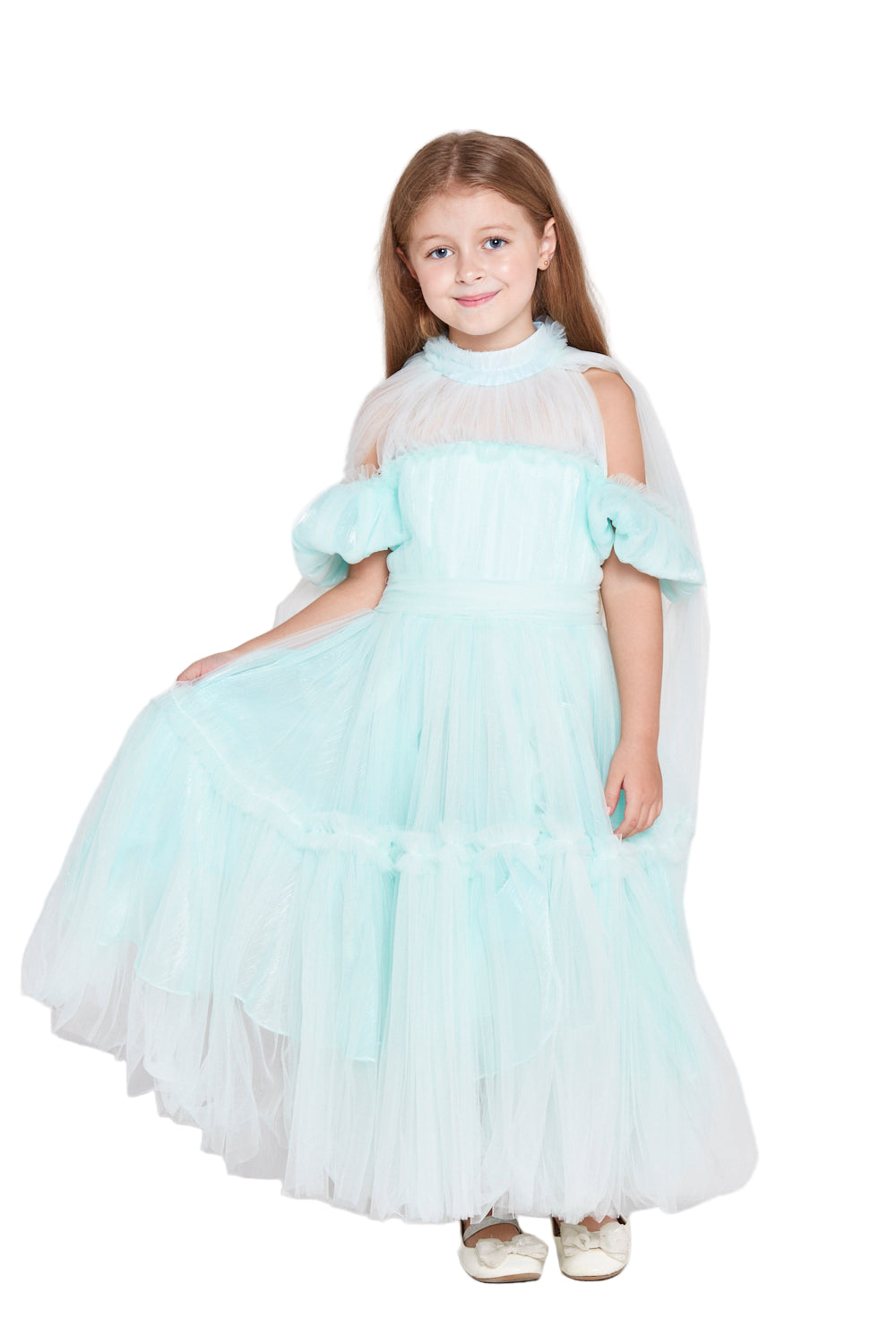 Tulle Ruffle Dress with Puff Sleeves