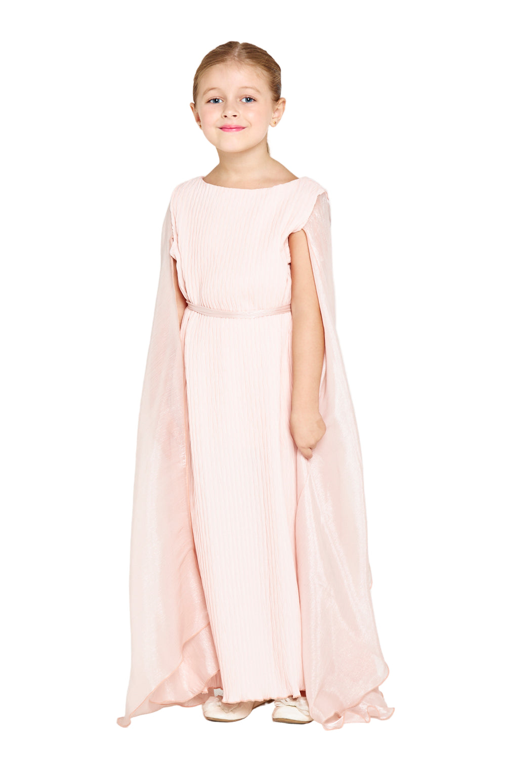 Crinkle-Pleated Gown with Draped Cape