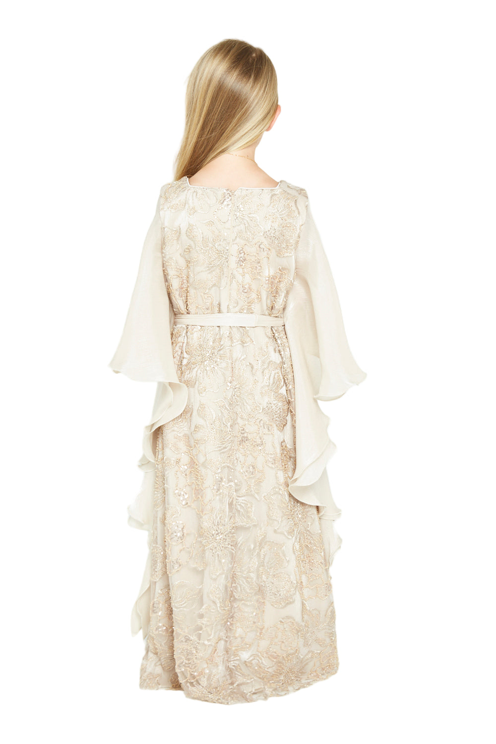 Embroidered Dress with Ruffle Cape Sleeves