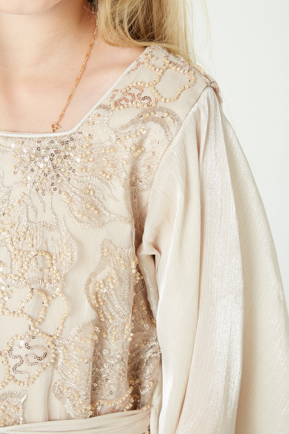 Embroidered Dress with Ruffle Cape Sleeves