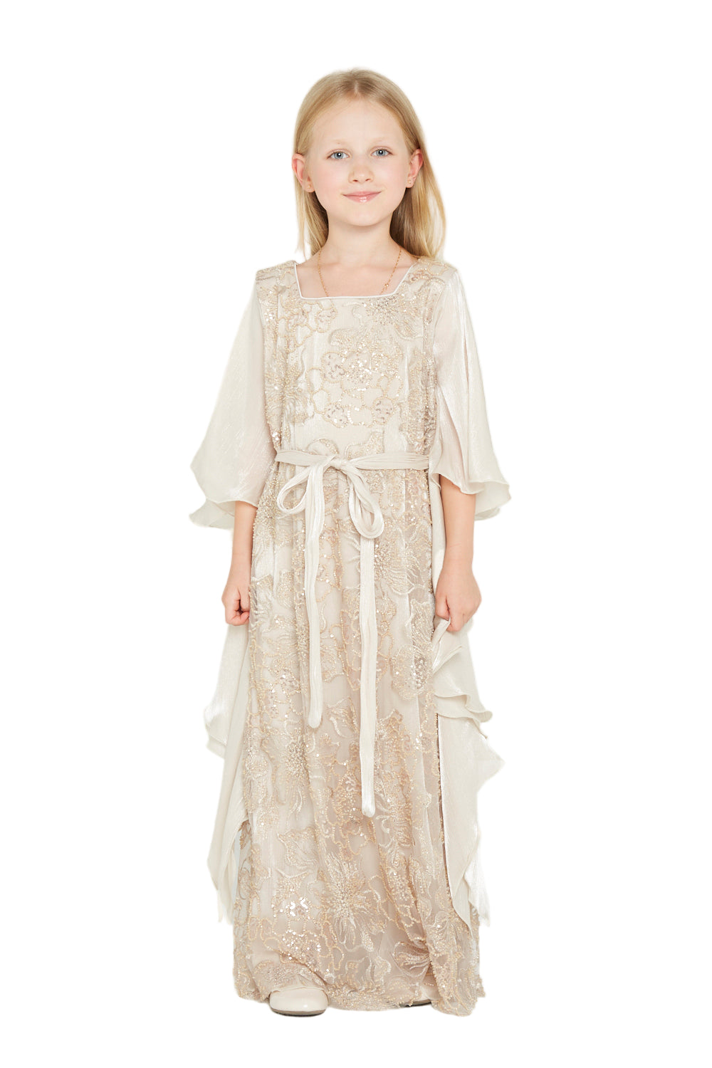 Embroidered Dress with Ruffle Cape Sleeves