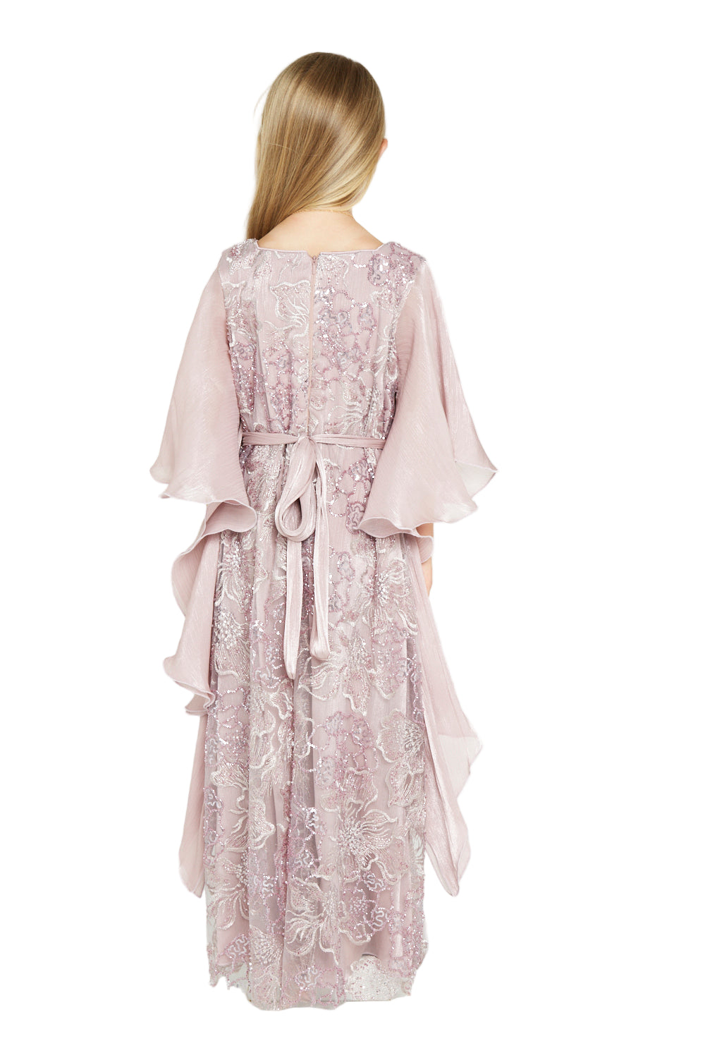 Embroidered Dress with Ruffle Cape Sleeves