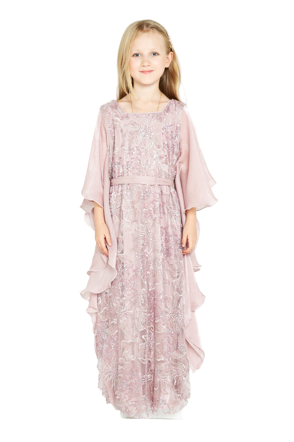 Embroidered Dress with Ruffle Cape Sleeves