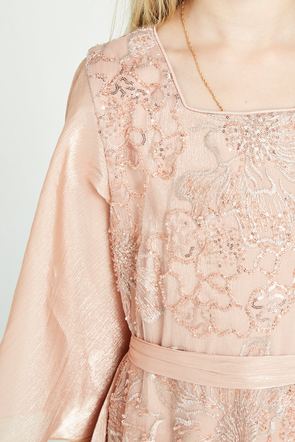 Embroidered Dress with Ruffle Cape Sleeves