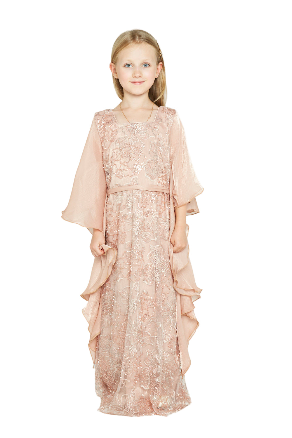 Embroidered Dress with Ruffle Cape Sleeves