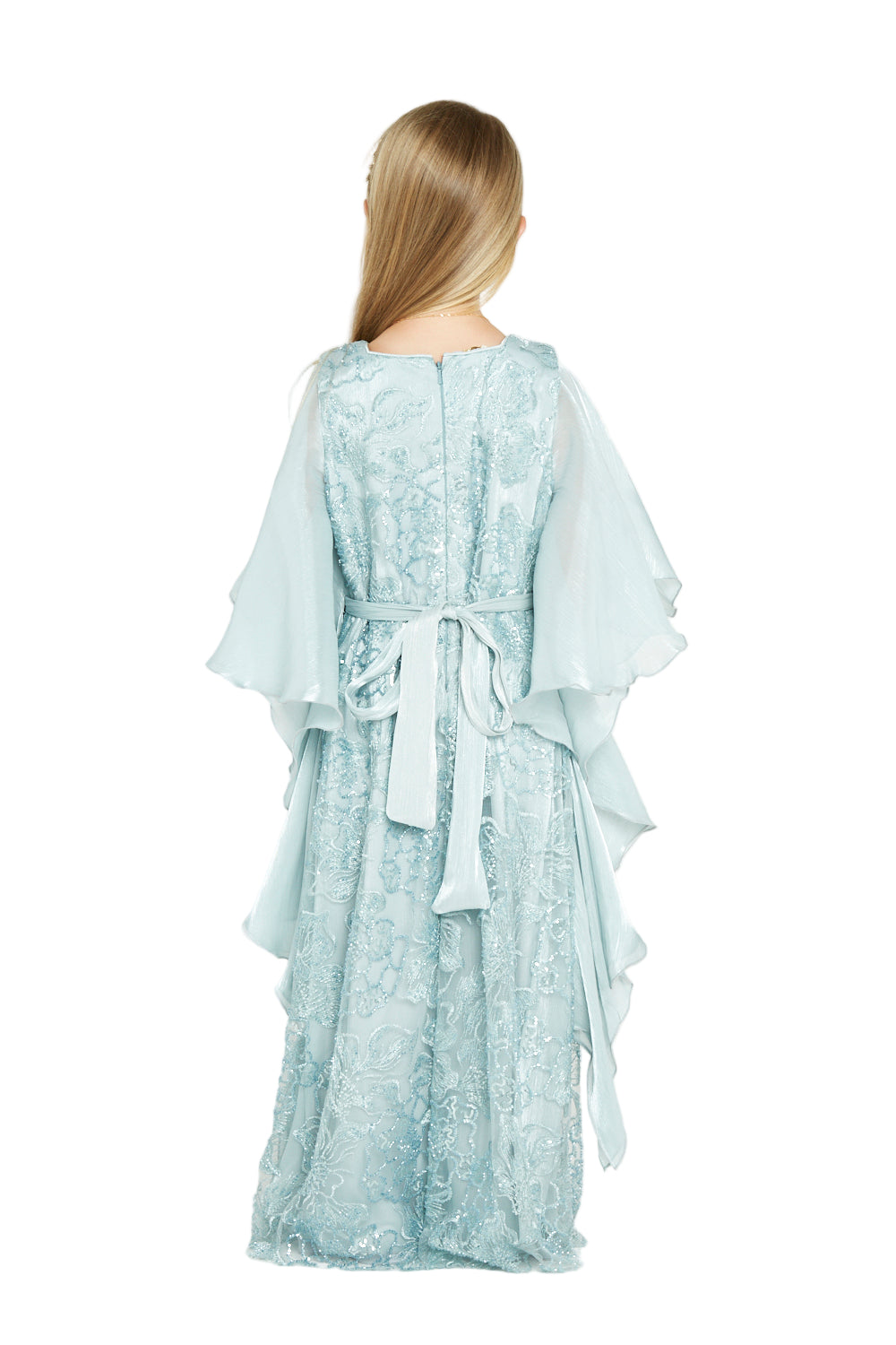 Embroidered Dress with Ruffle Cape Sleeves