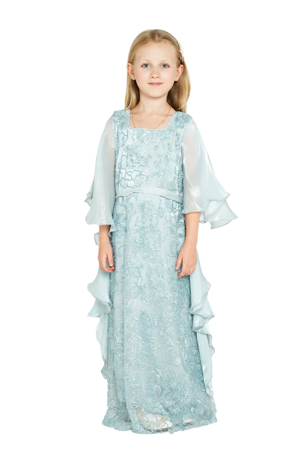 Embroidered Dress with Ruffle Cape Sleeves