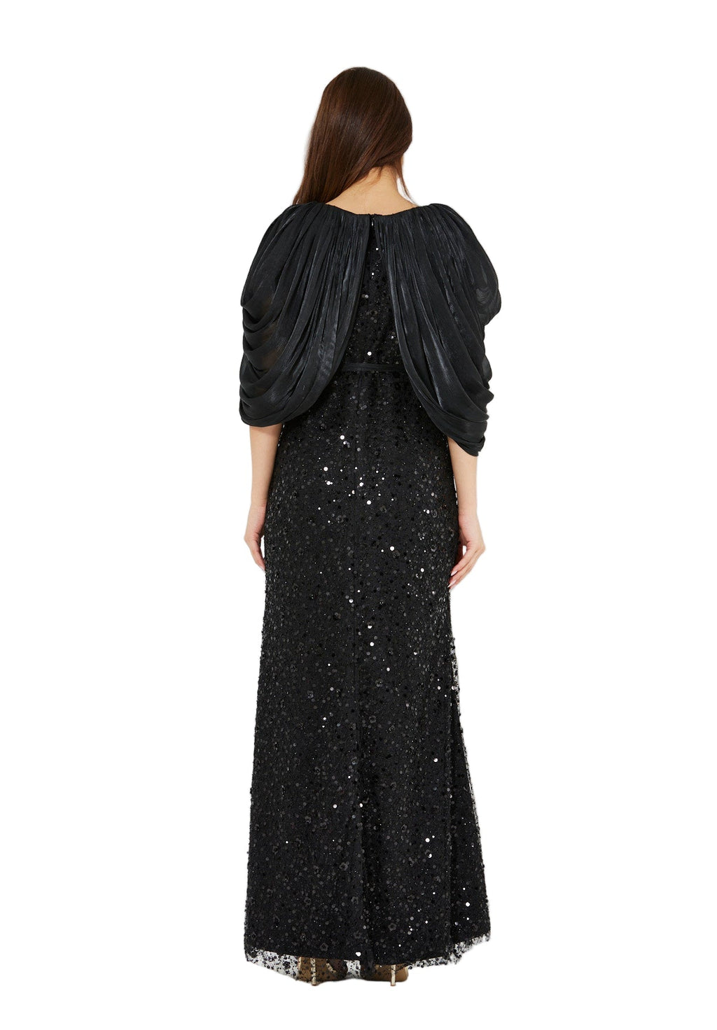 All-Over Sequined Gown with Draped Overlay