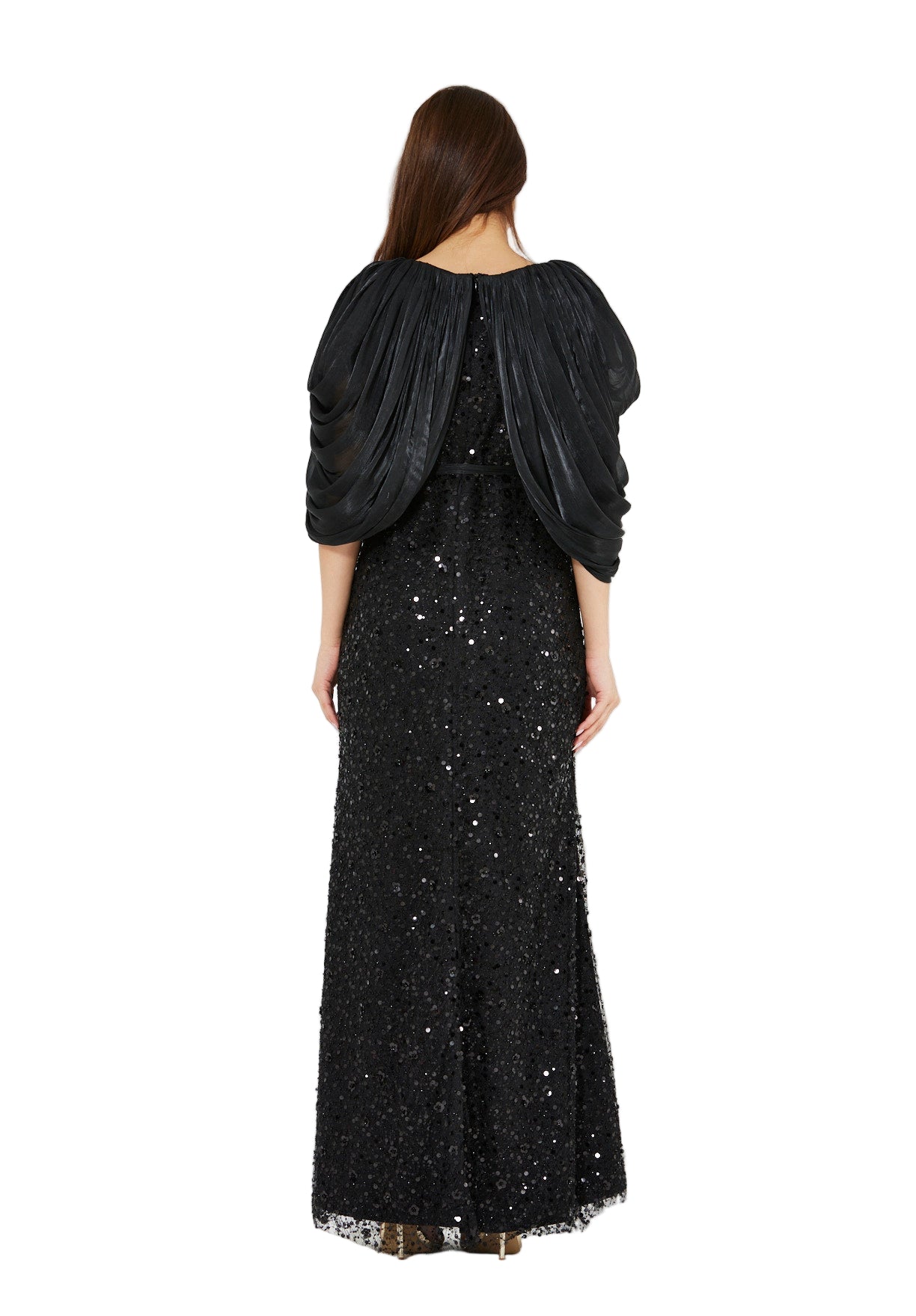 All-Over Sequined Gown with Draped Overlay
