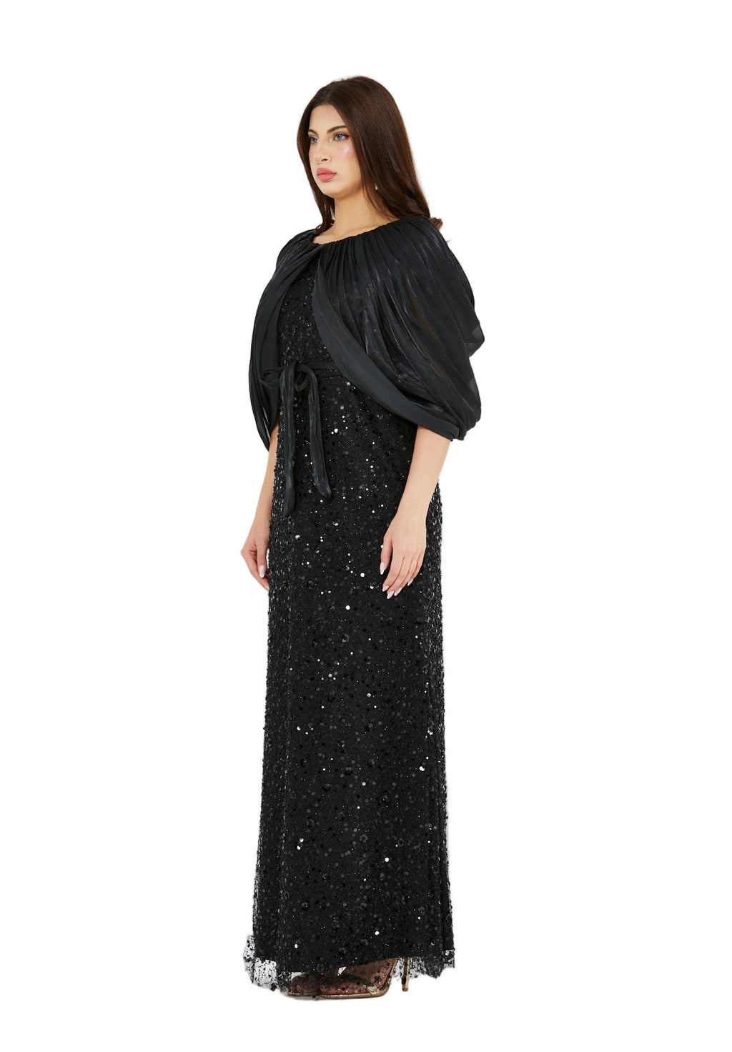 All-Over Sequined Gown with Draped Overlay