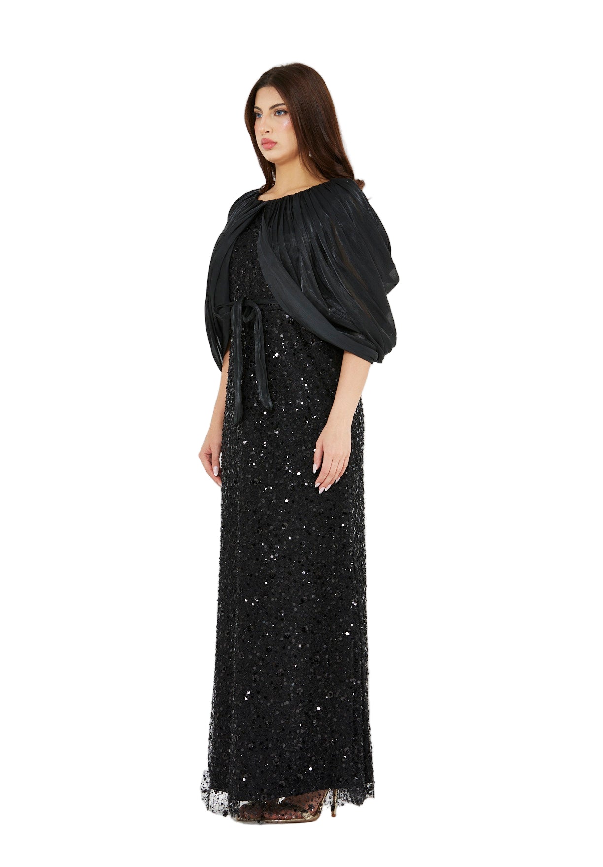 All-Over Sequined Gown with Draped Overlay