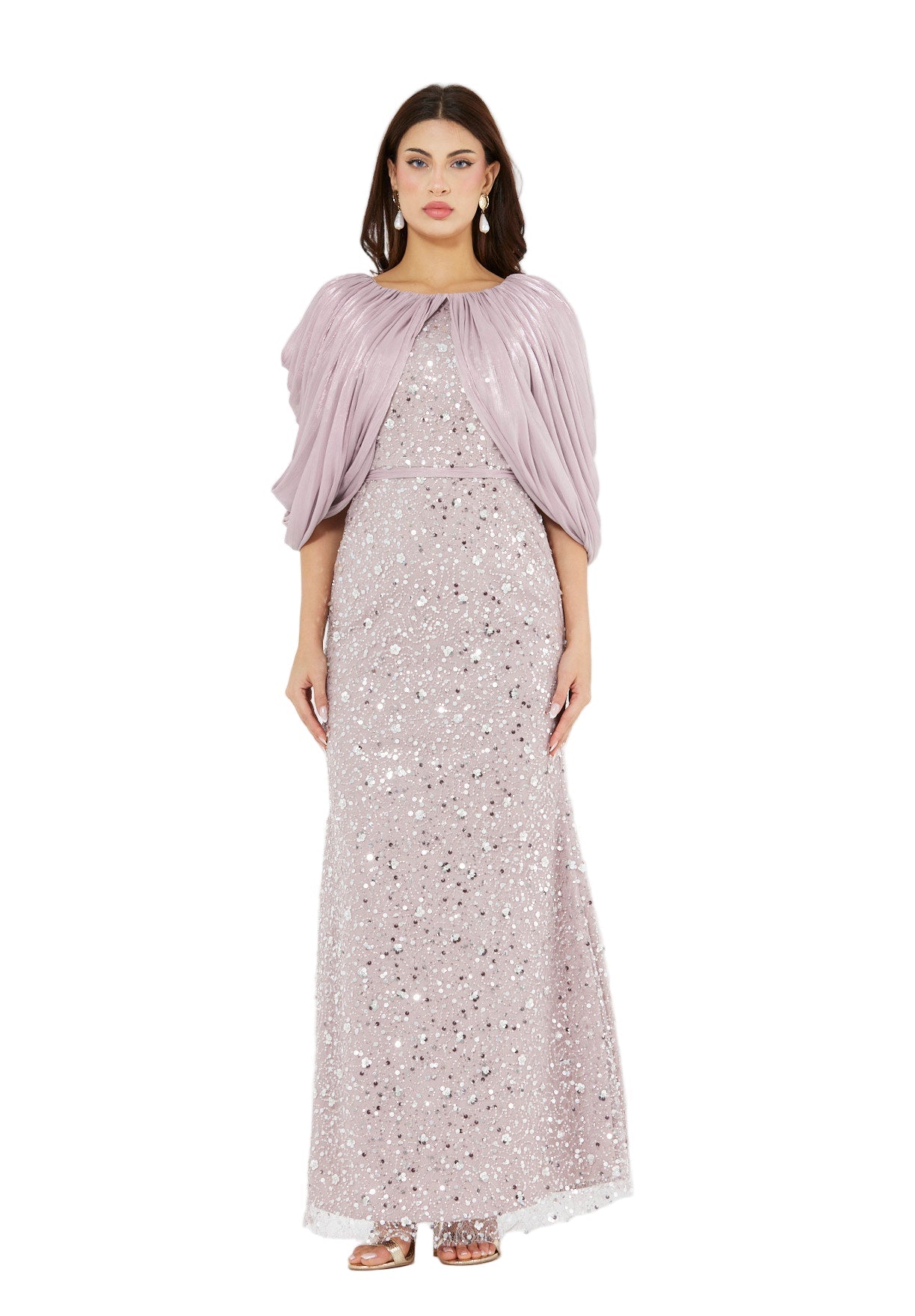 All-Over Sequined Gown with Draped Overlay