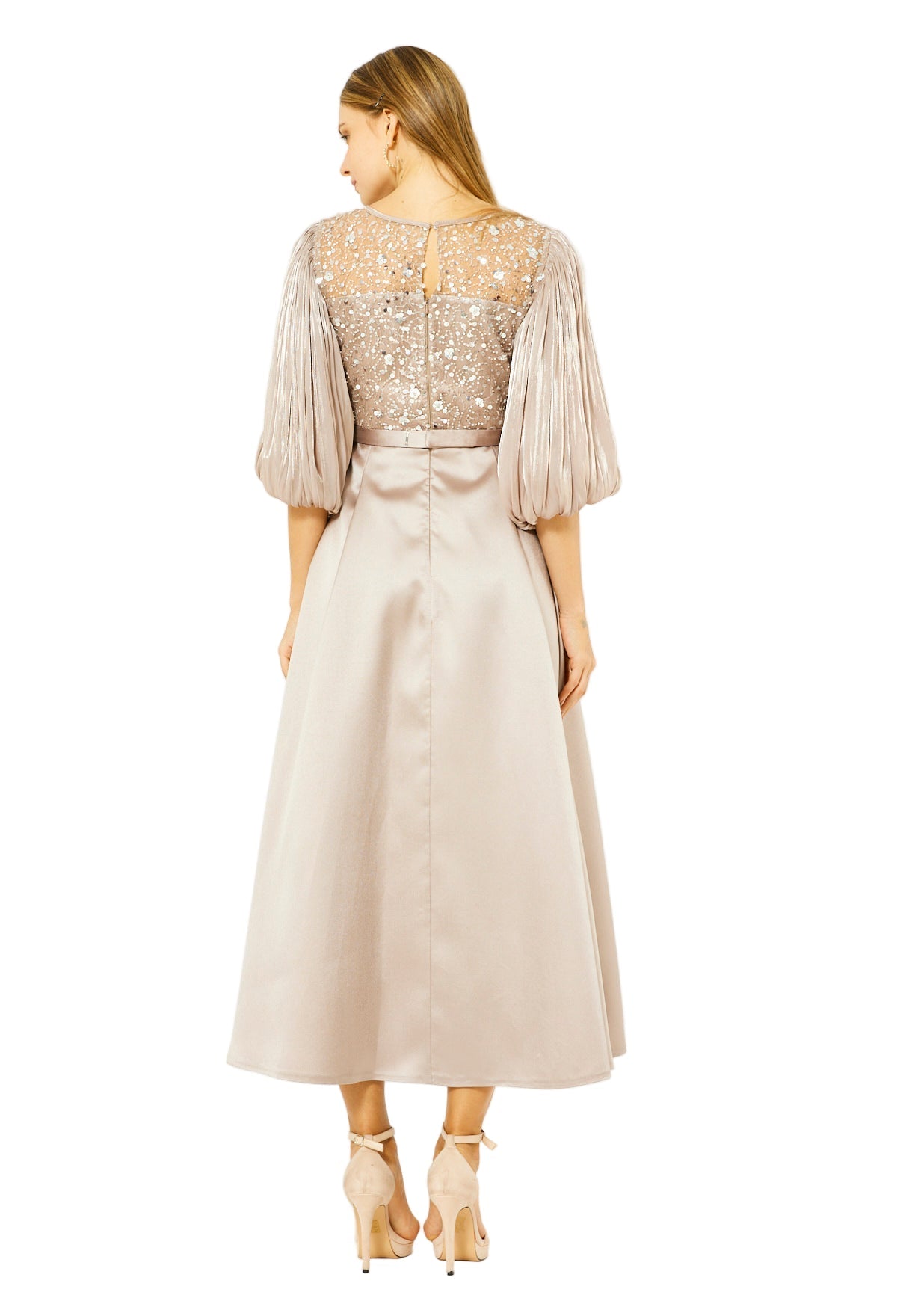 Embellished Satin Midi Dress with Pleated Organza Sleeves