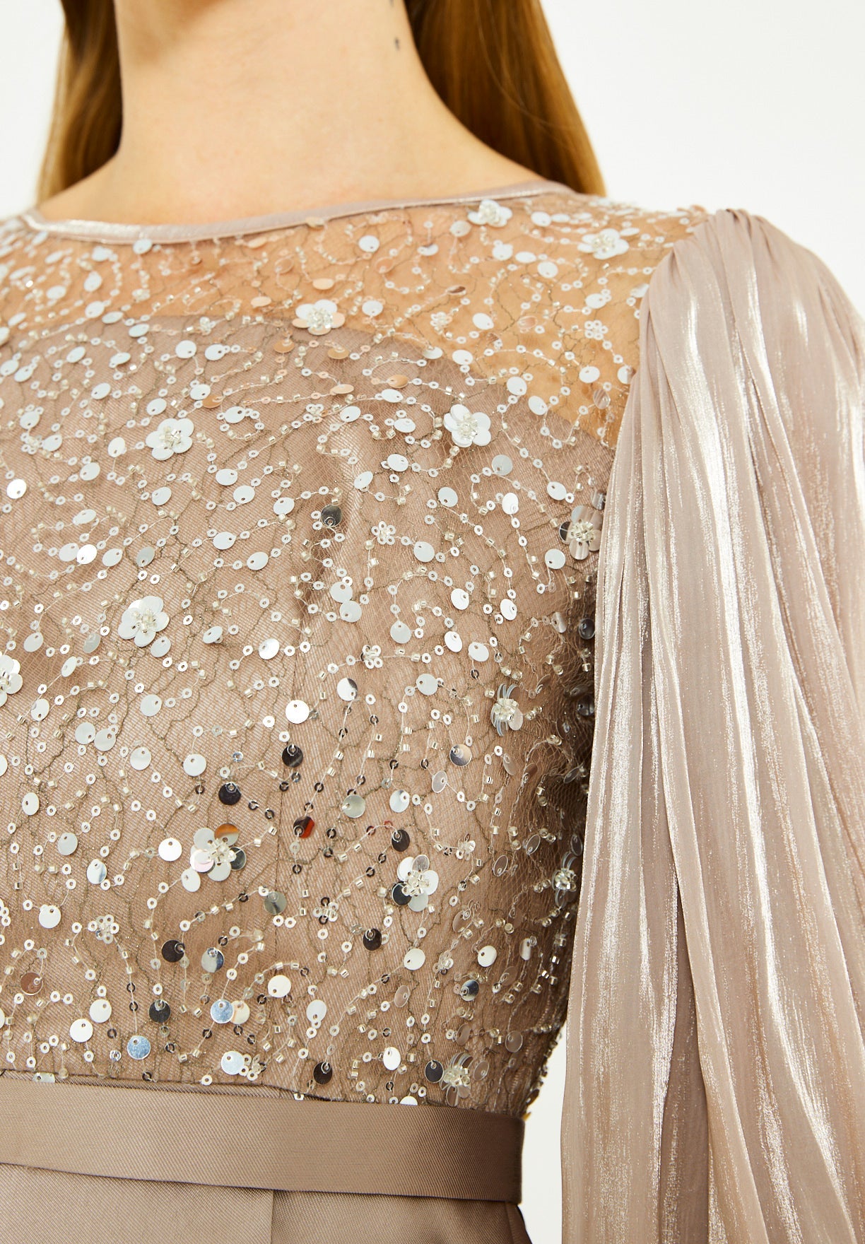 Embellished Satin Midi Dress with Pleated Organza Sleeves