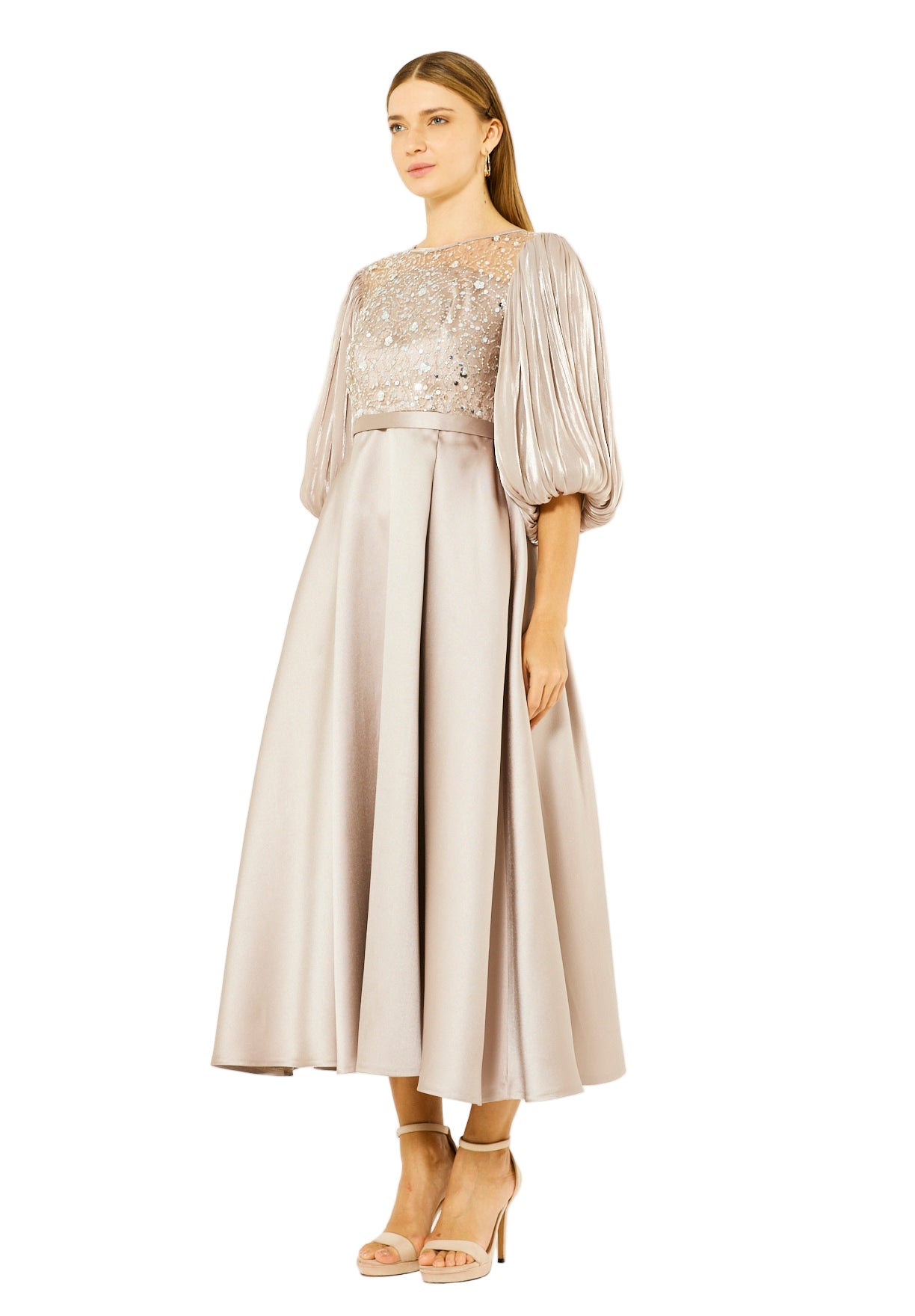 Embellished Satin Midi Dress with Pleated Organza Sleeves