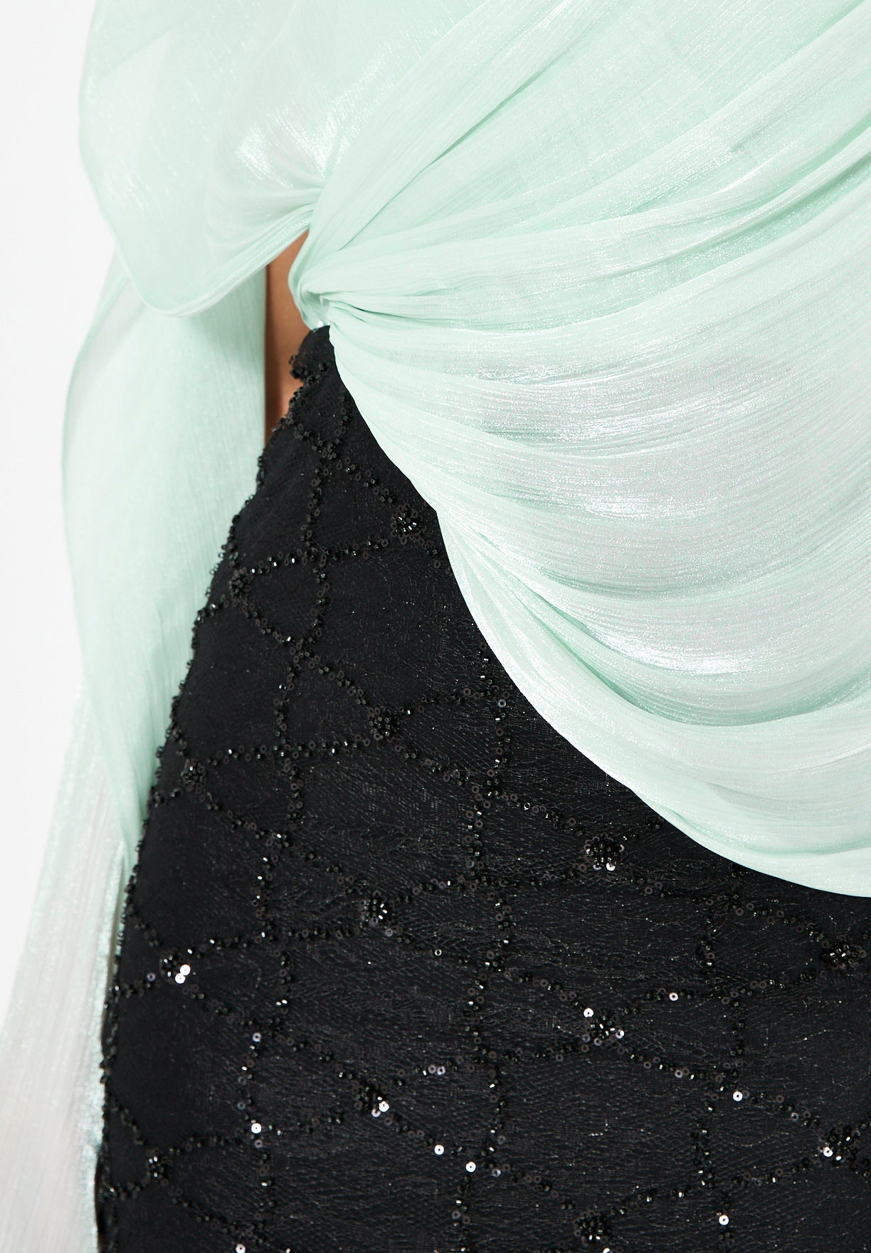 Draped Cape Overlay Gown with Beaded Lace Skirt