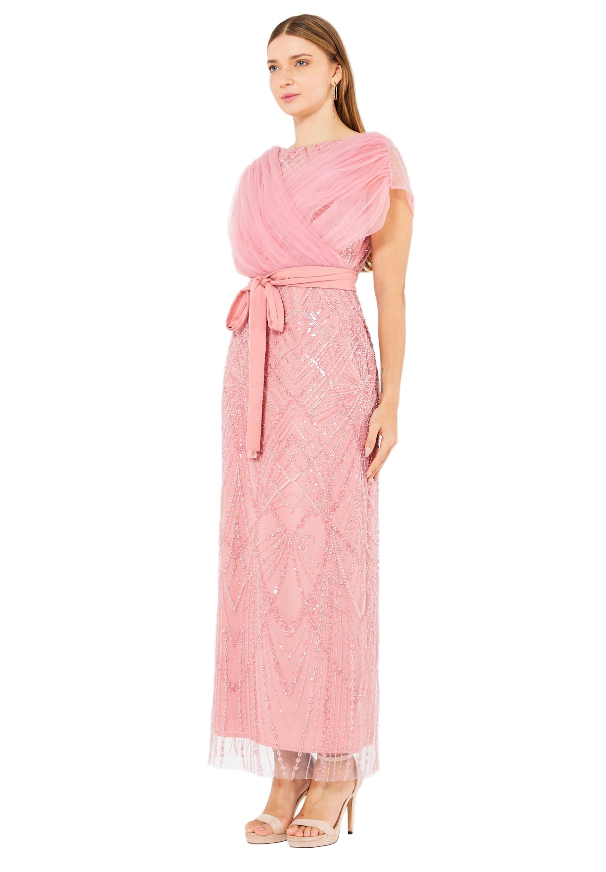 Tulle-Draped Embellished Column Gown