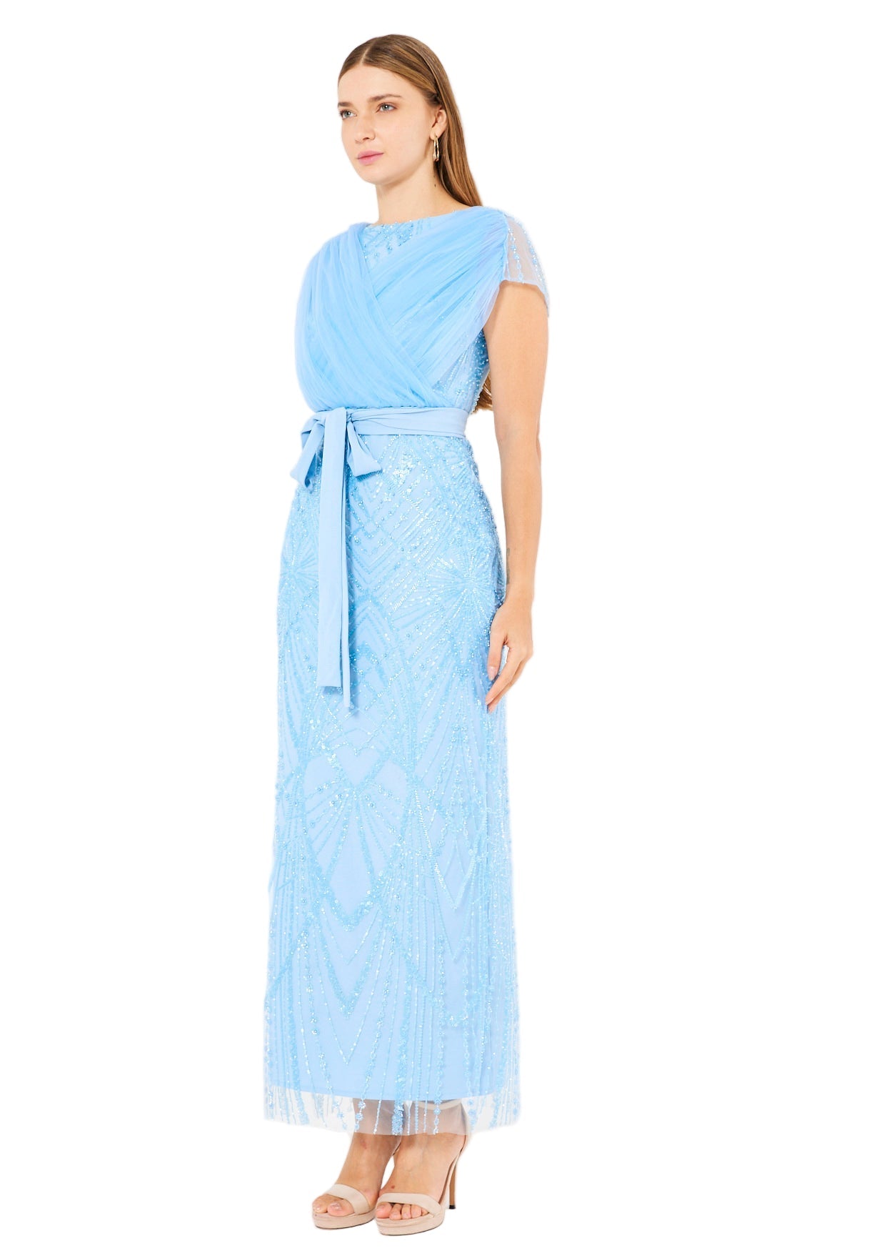 Tulle-Draped Embellished Column Gown