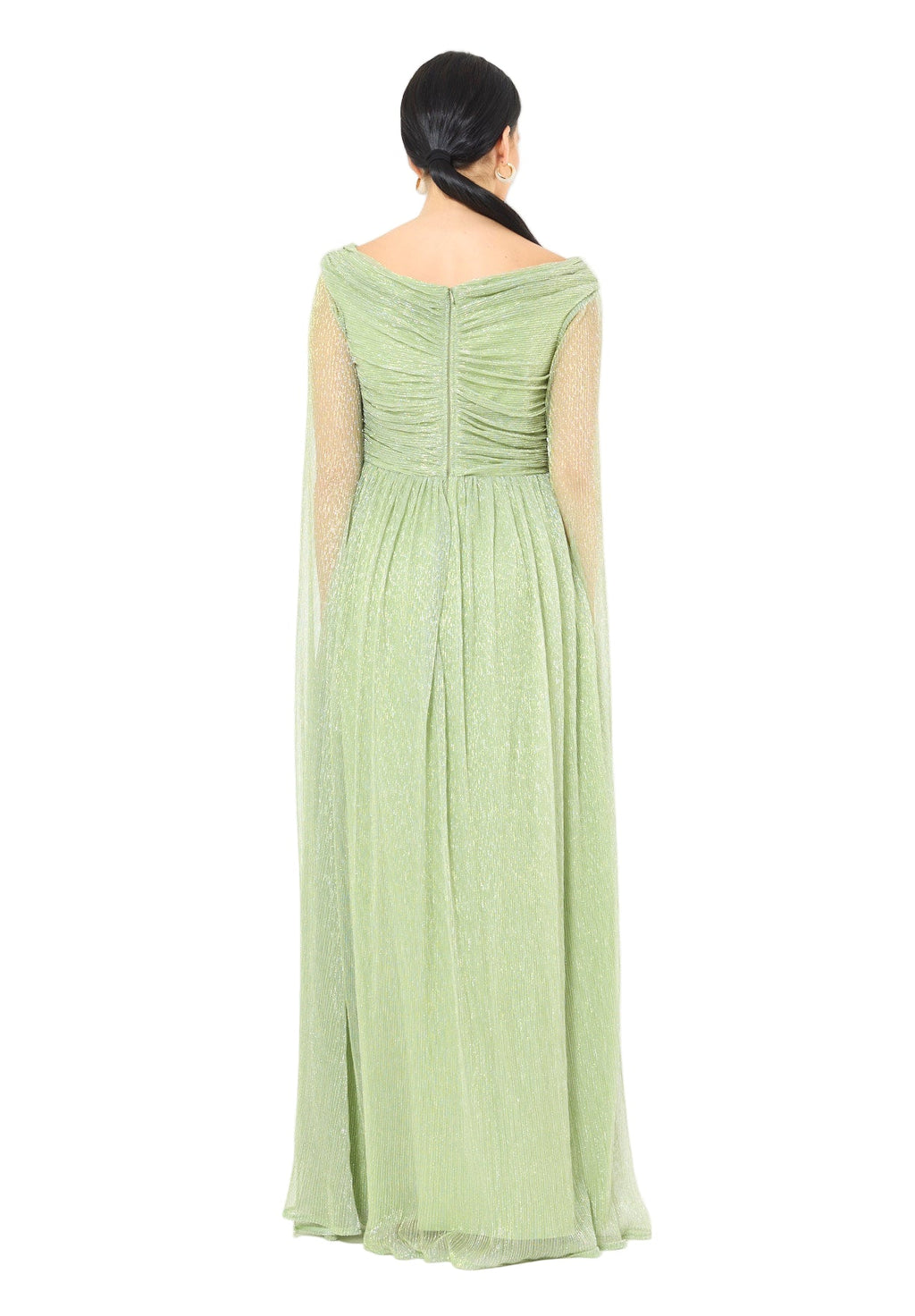 Draped Shimmer Gown with Flowing Sleeves