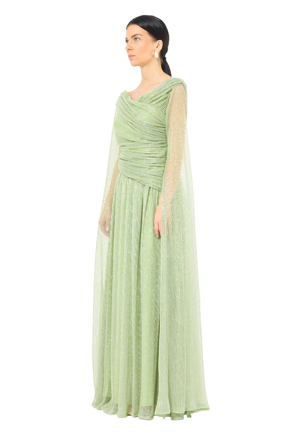 Draped Shimmer Gown with Flowing Sleeves