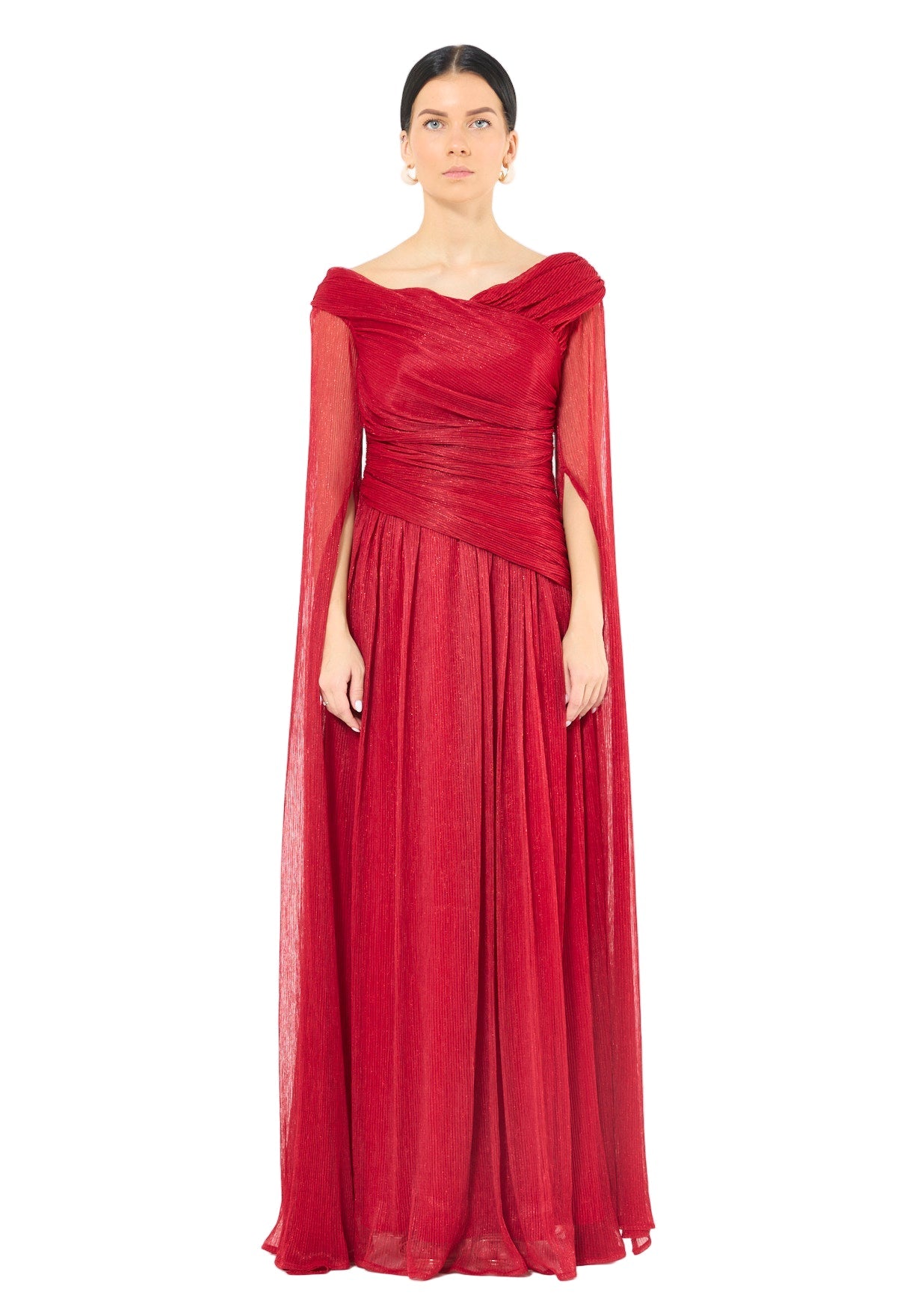 Draped Shimmer Gown with Flowing Sleeves