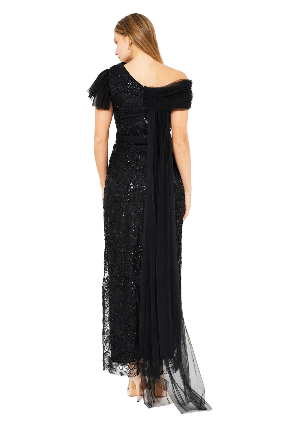 One-Shoulder Floral Sequin Gown with Ruffle Sleeve Detail