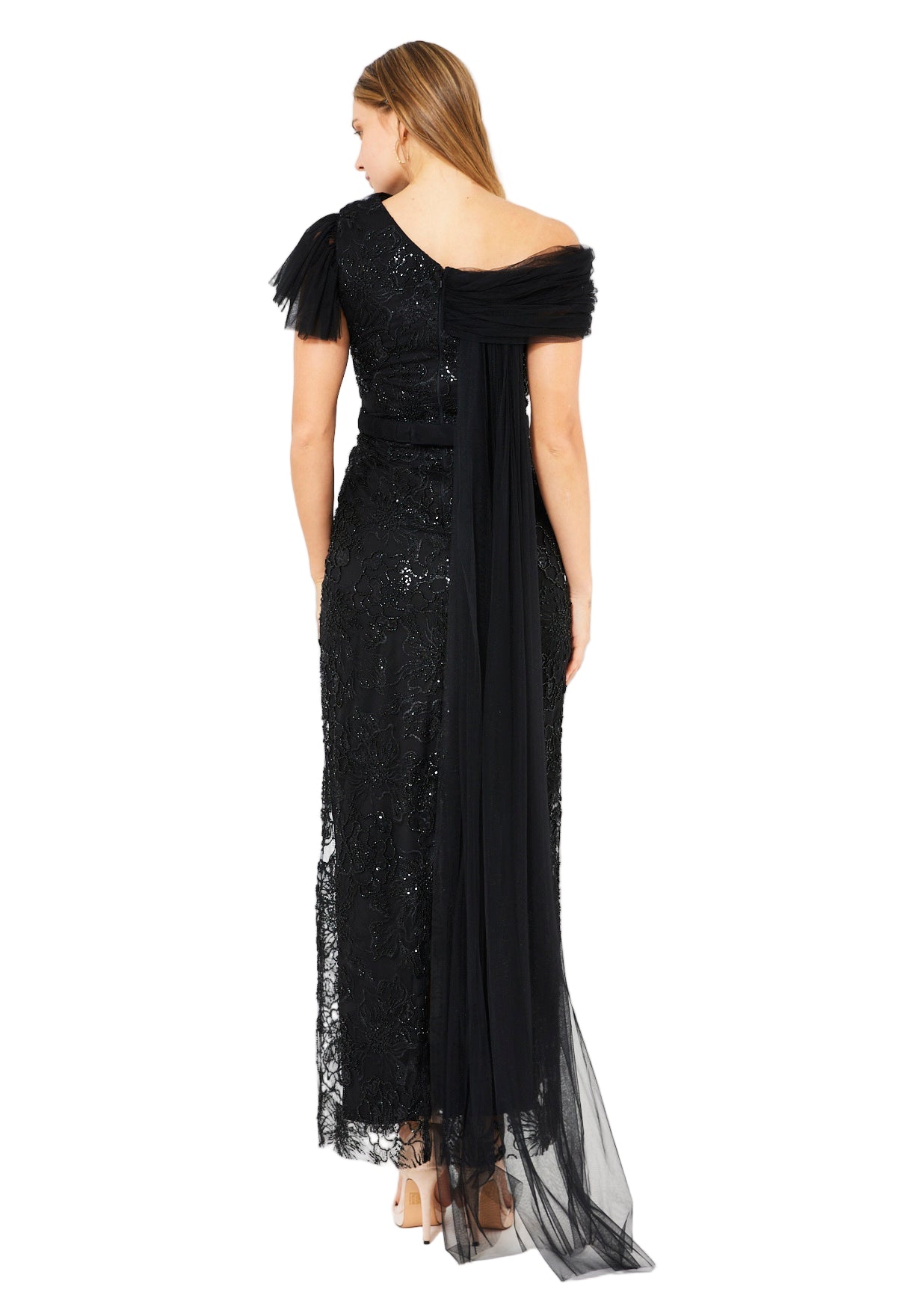 One-Shoulder Floral Sequin Gown with Ruffle Sleeve Detail