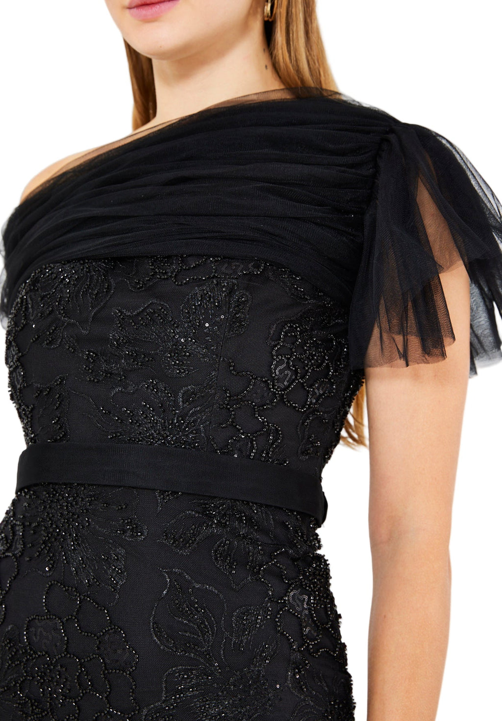 One-Shoulder Floral Sequin Gown with Ruffle Sleeve Detail